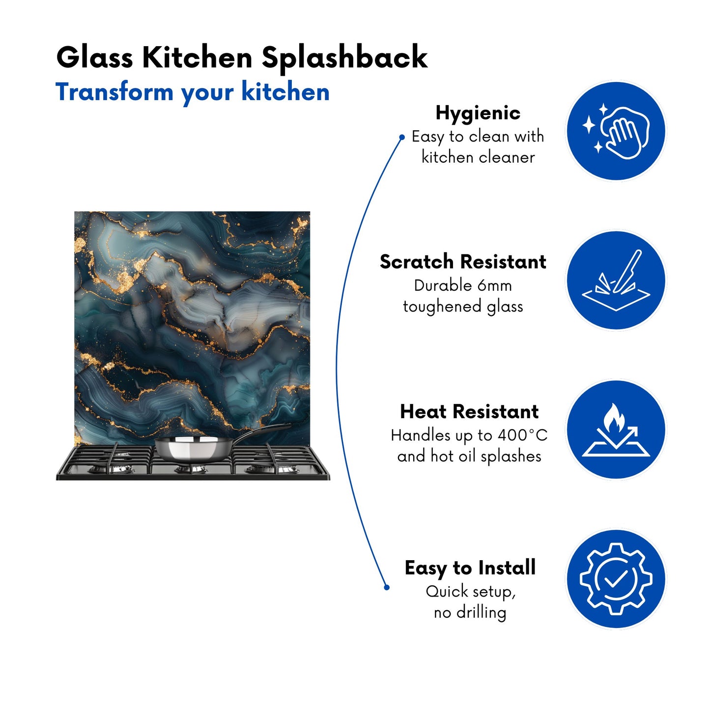 Blues And Gold Marble Effect Kitchen Splashback