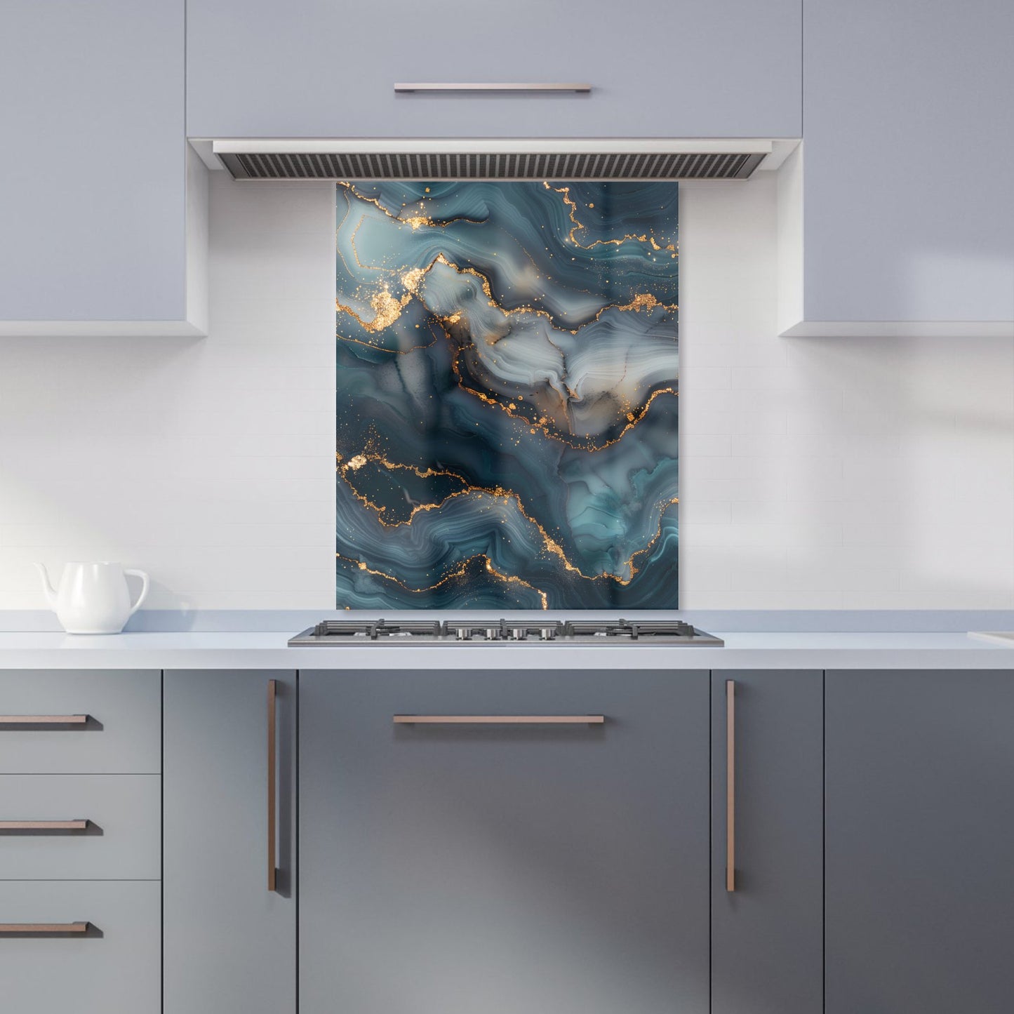 Blues And Gold Marble Effect Kitchen Splashback