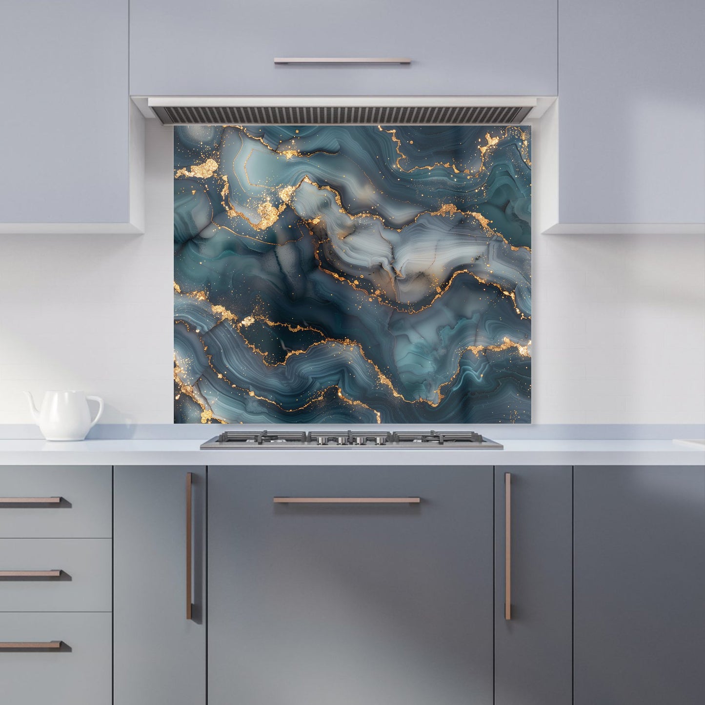 Blues And Gold Marble Effect Kitchen Splashback