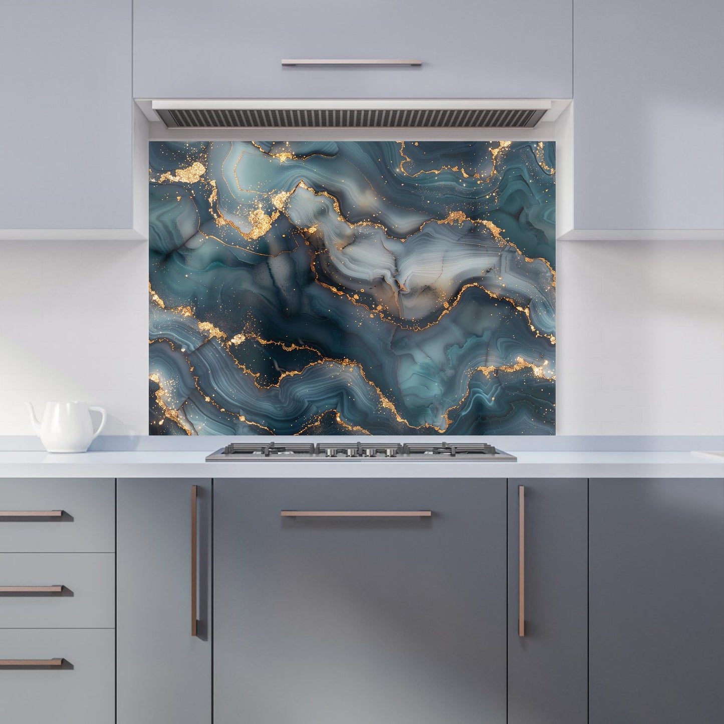 Blues And Gold Marble Effect Kitchen Splashback