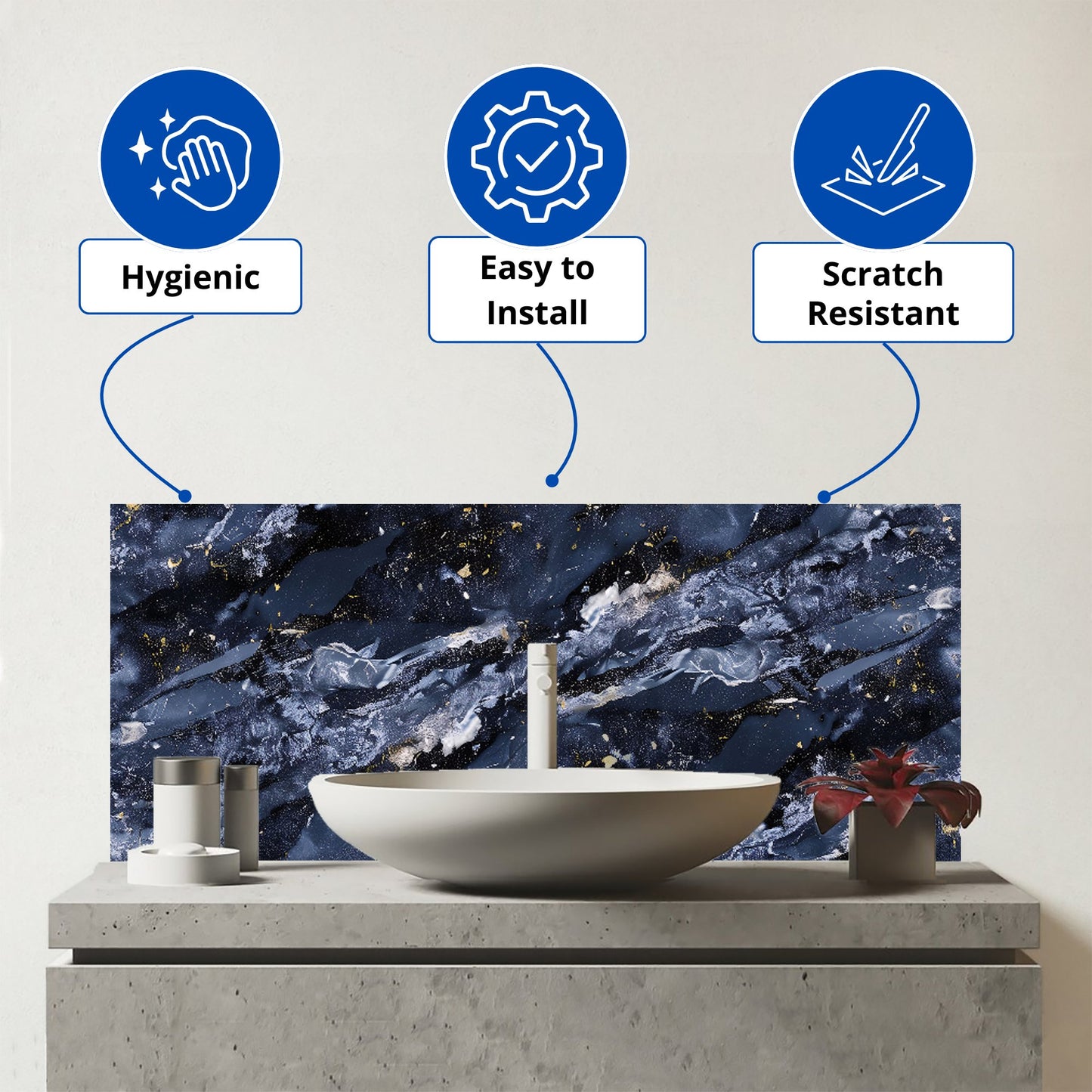 Deep Ocean Blue Quartz Effect Glass Bathroom Splashback