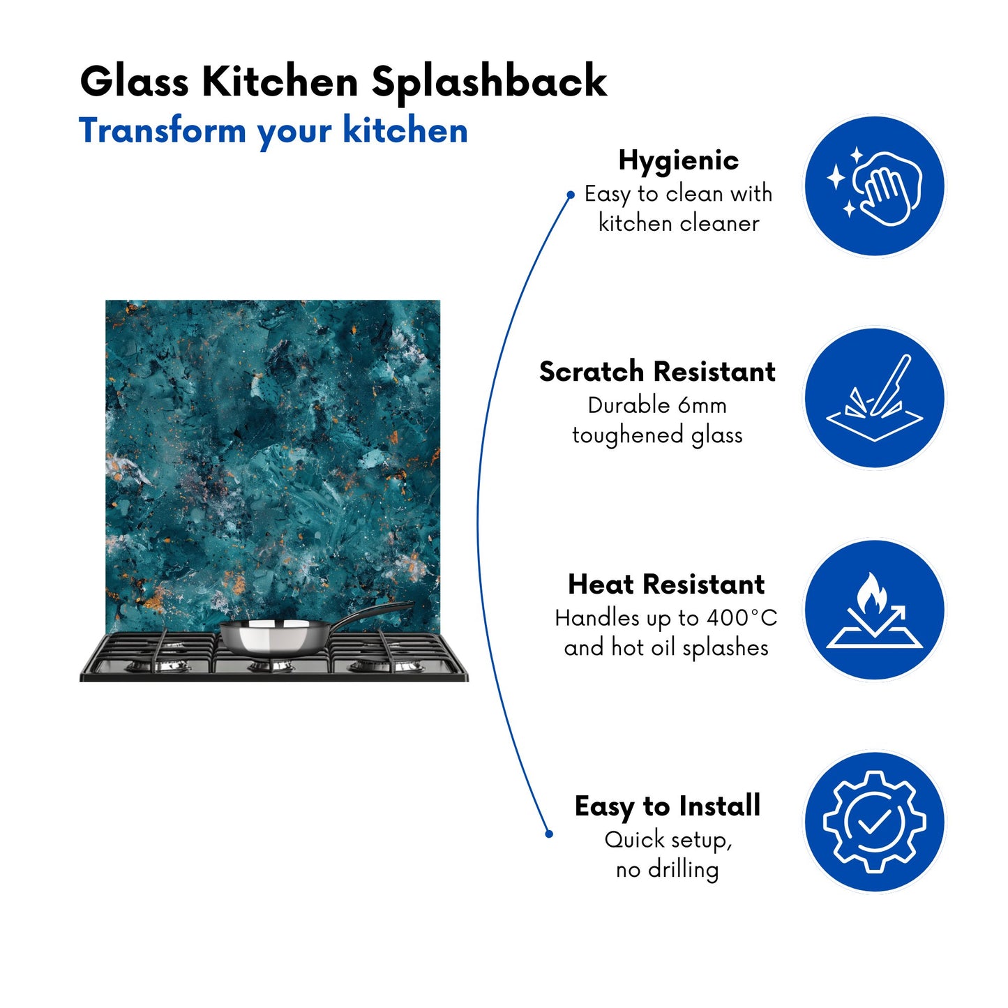 Polished Teal Quartz Effect Kitchen Splashback