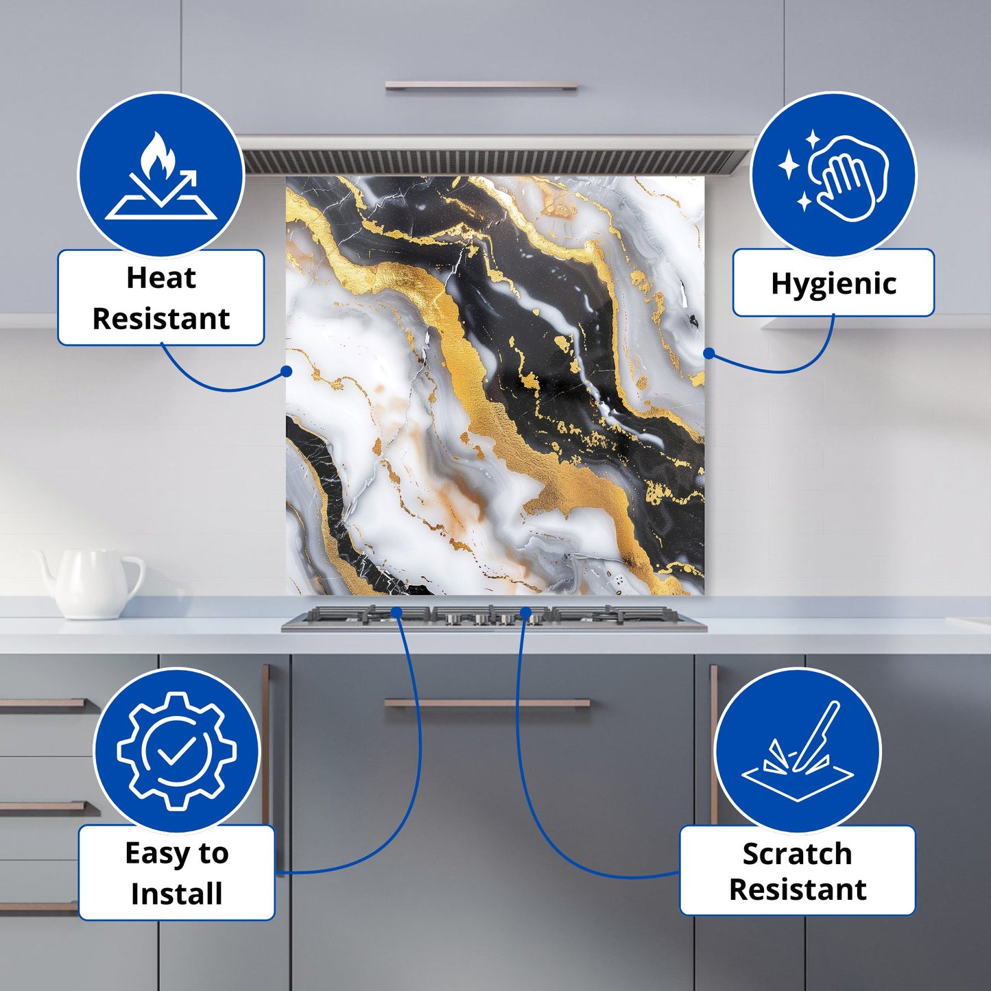 White Backed With Gold Marble Effect Kitchen Splashback