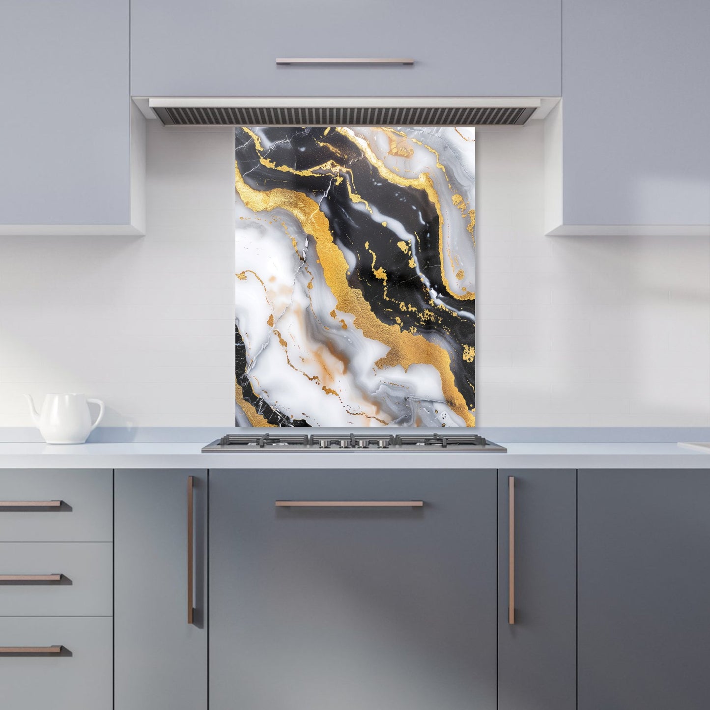 White Backed With Gold Marble Effect Kitchen Splashback