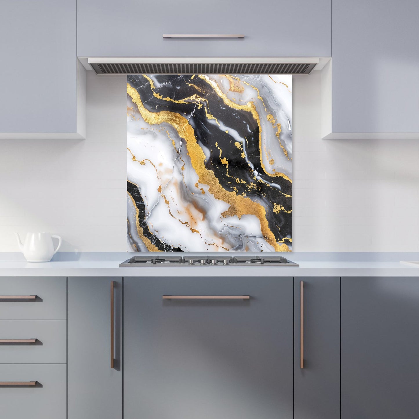 White Backed With Gold Marble Effect Kitchen Splashback