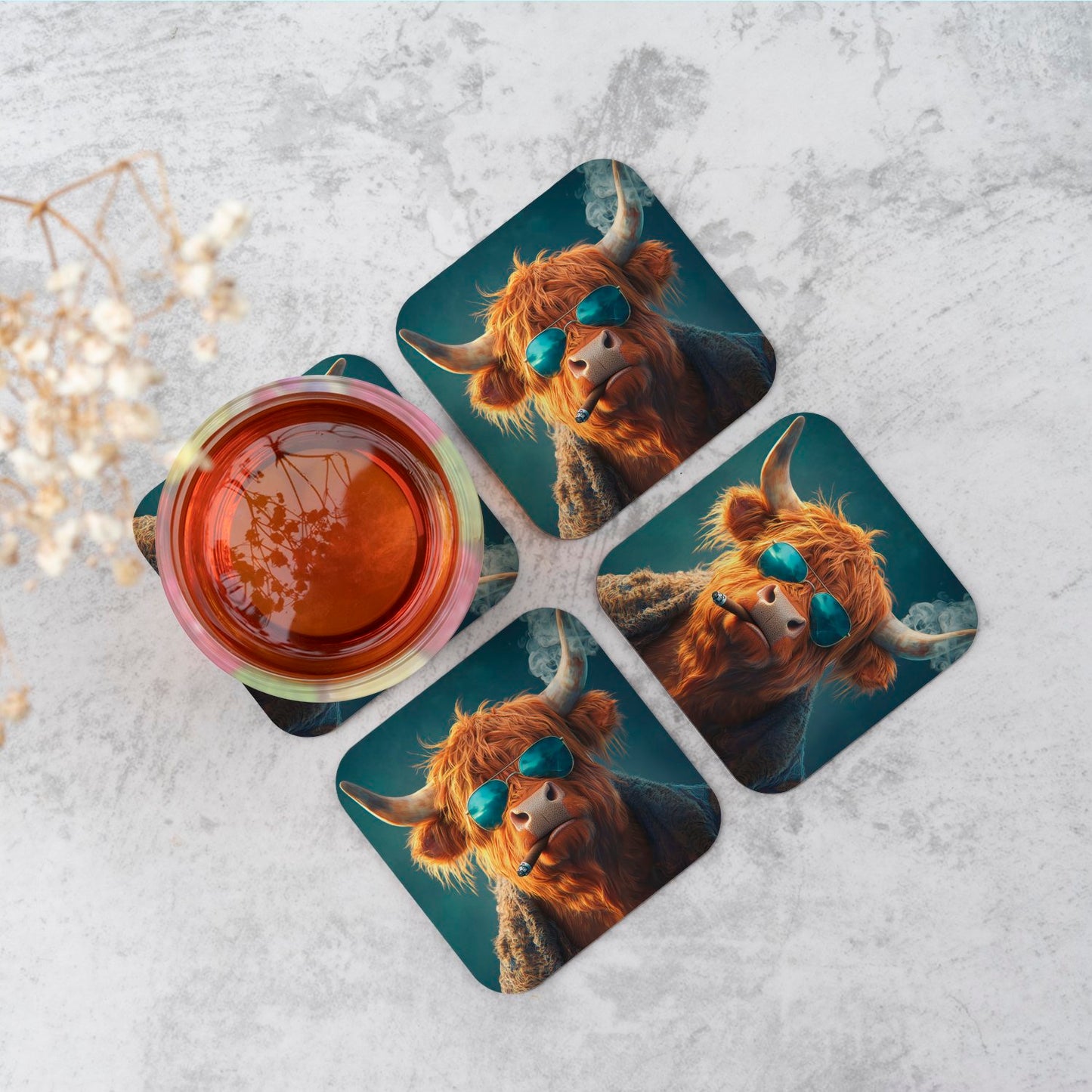 Highland Cow With Glasses Coasters