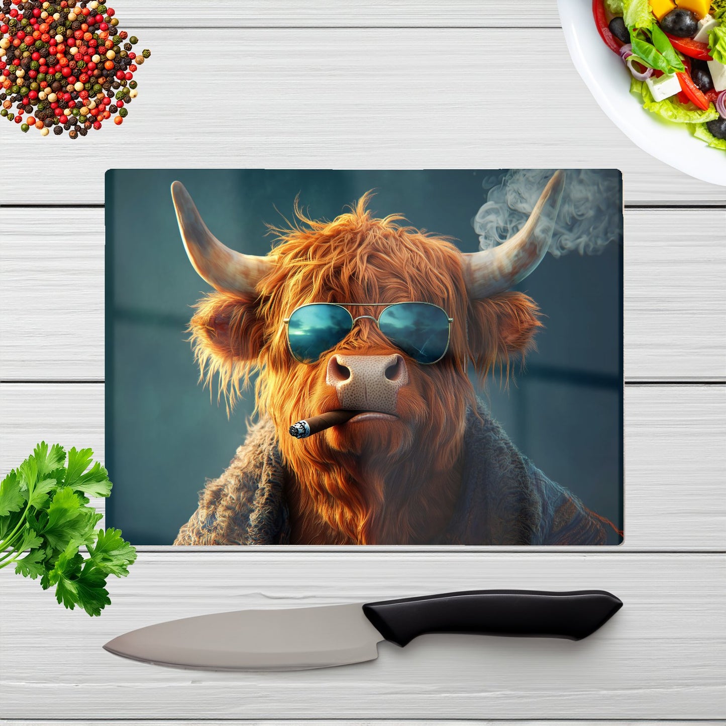 Highland Cow With Glasses Glass Chopping Board