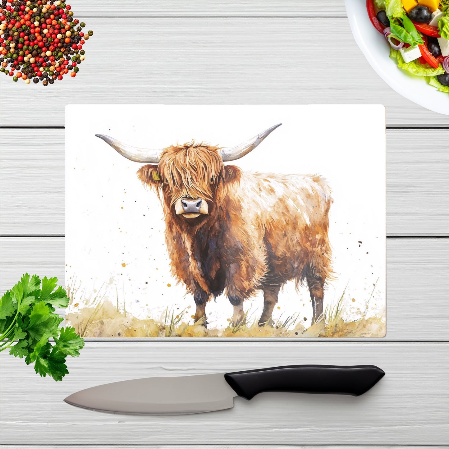 Watercolour Highland Cow Glass Chopping Board