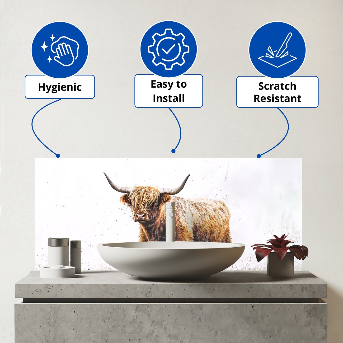 Highland Cow Watercolour Glass Bathroom Splashback