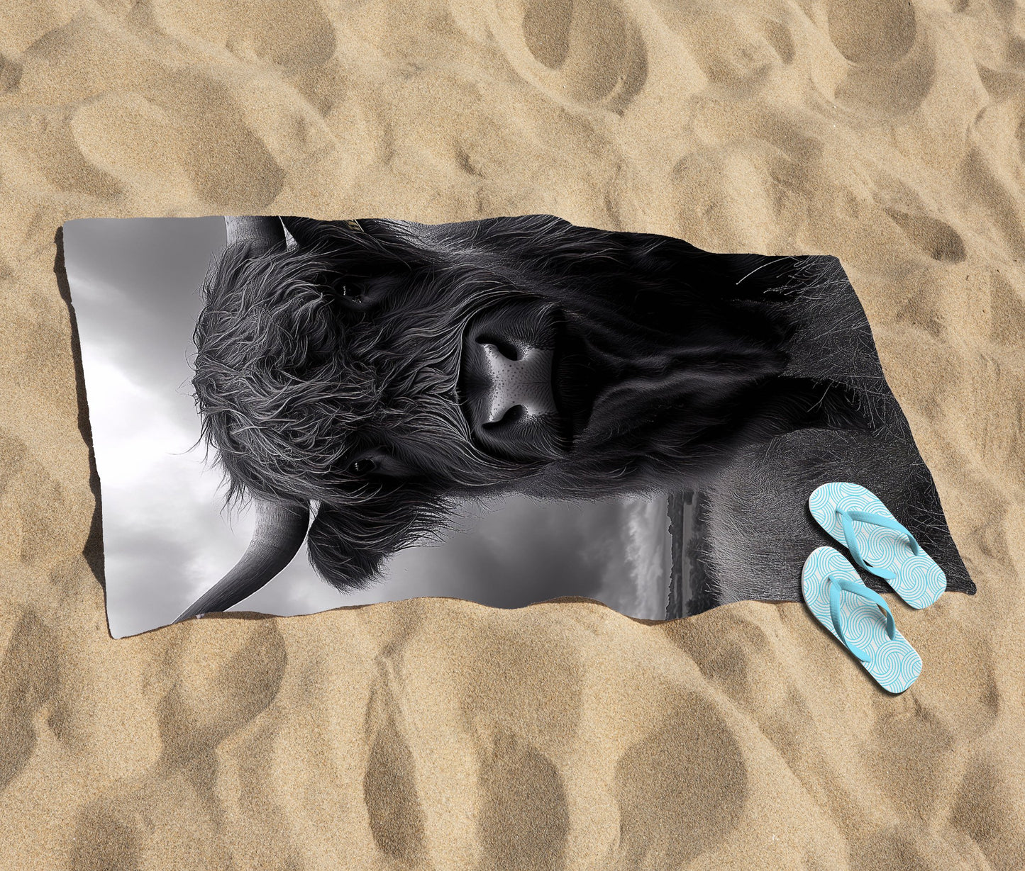 Black And White Highland Cow Beach Towel