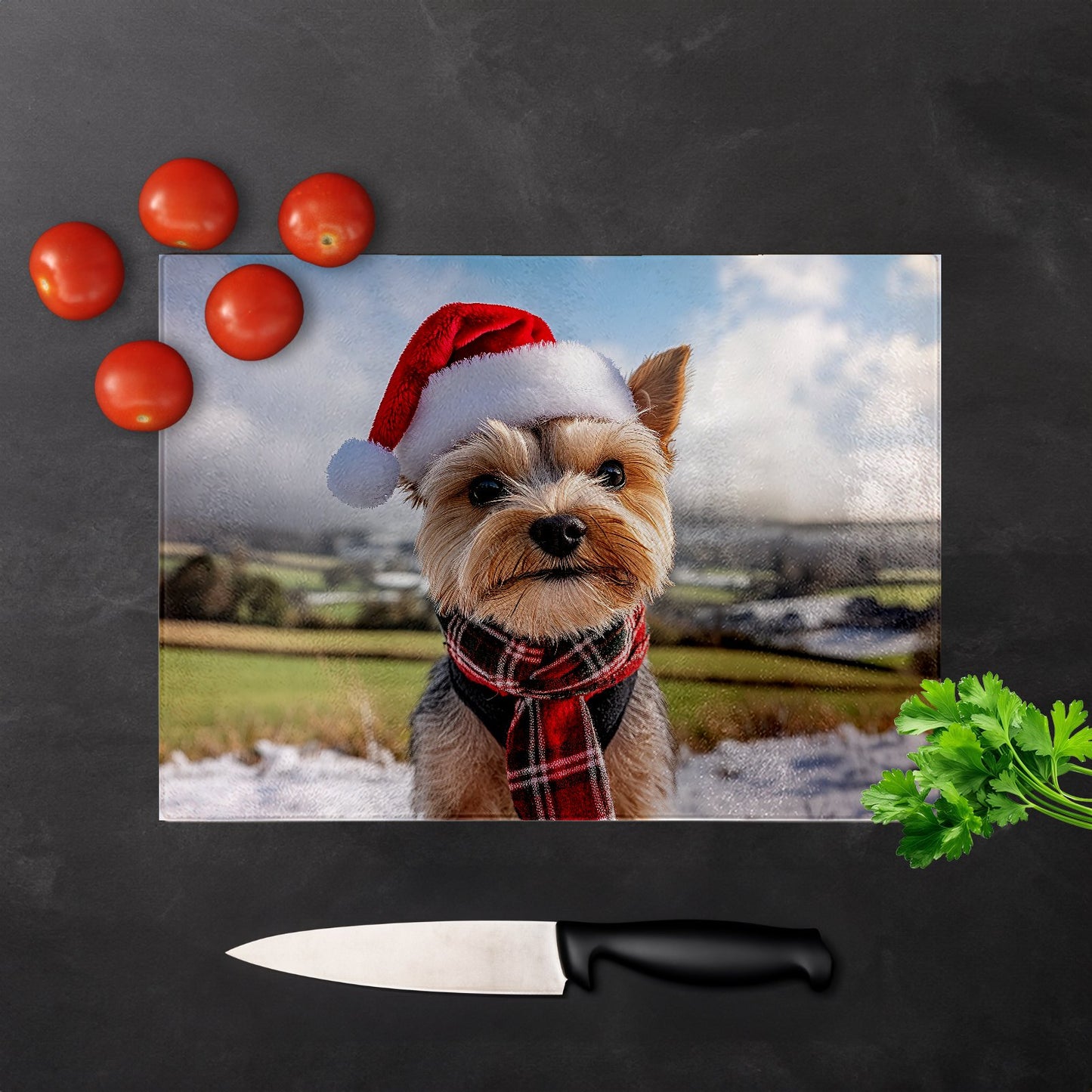 Snowy Christmas Yorkshire Terrier Glass Chopping Board
