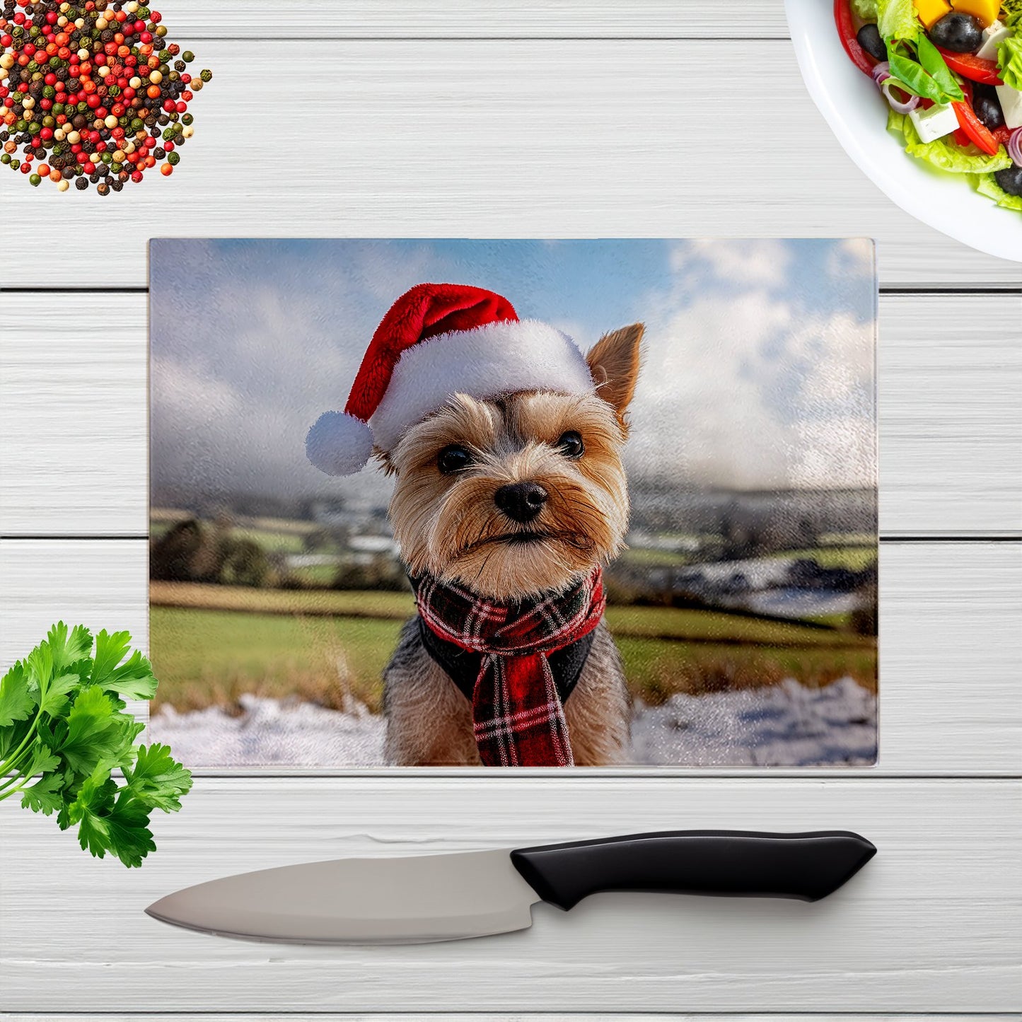 Snowy Christmas Yorkshire Terrier Glass Chopping Board