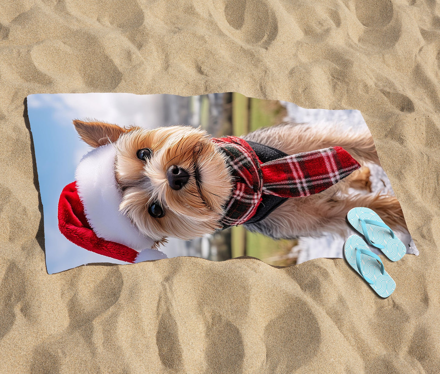 Snowy Christmas Yorkshire Terrier Beach Towel
