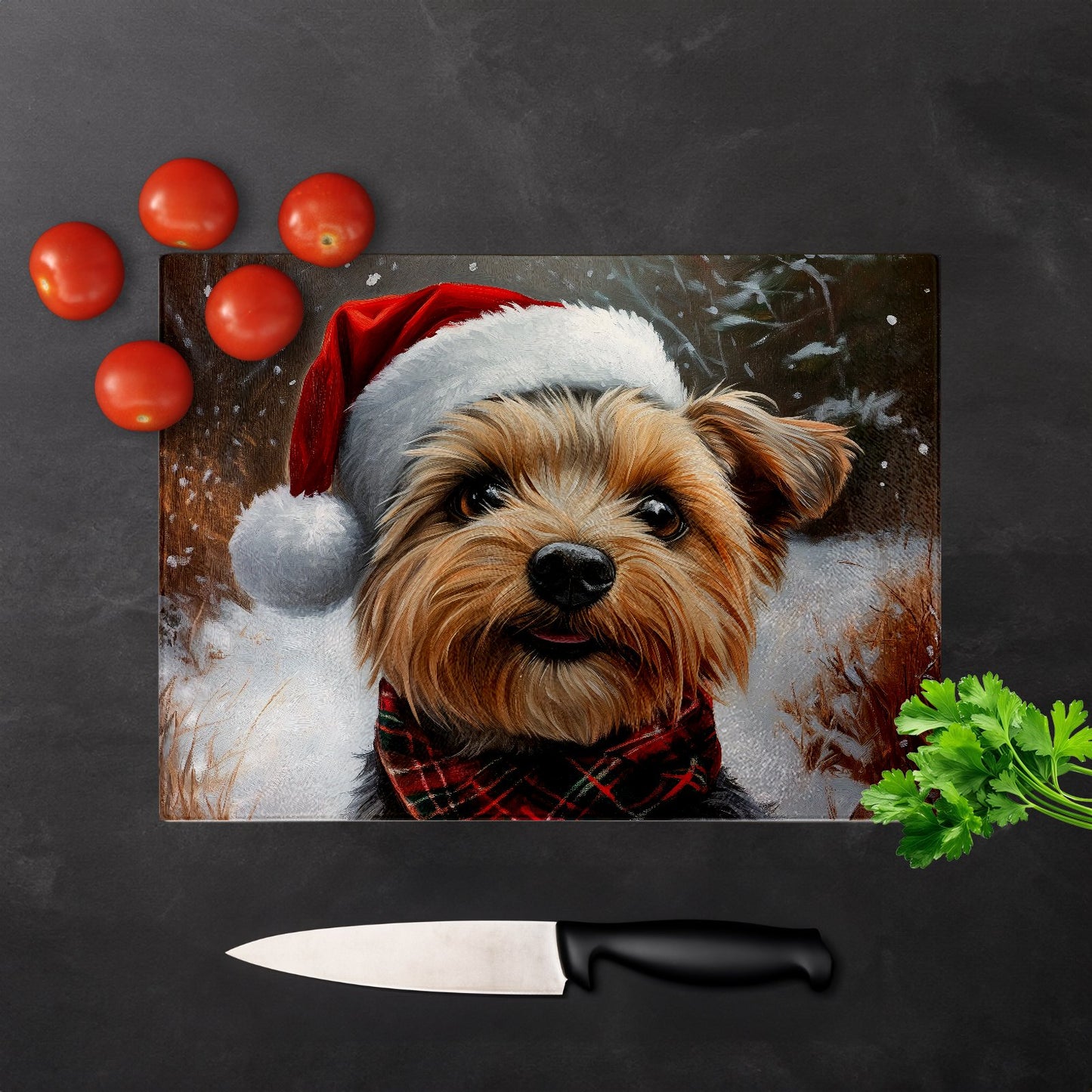 Christmas Yorkshire Terrier Glass Chopping Board