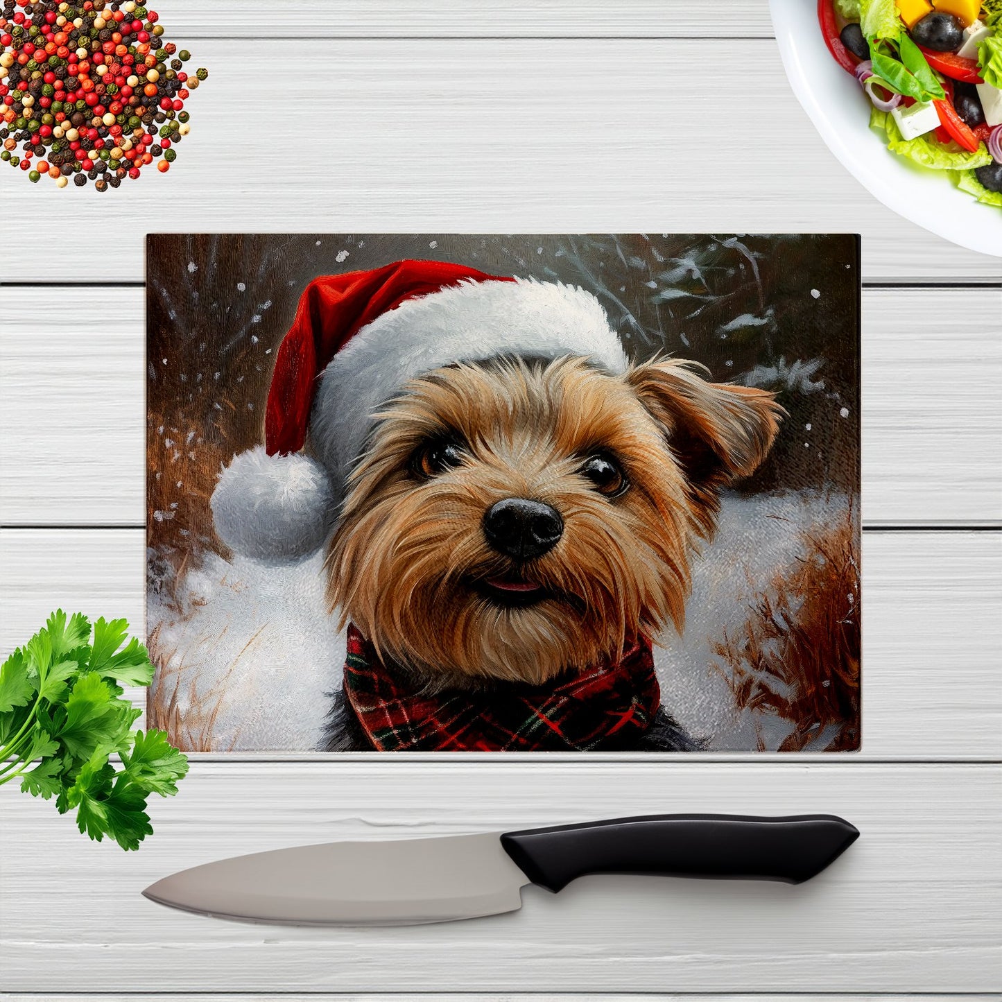 Christmas Yorkshire Terrier Glass Chopping Board