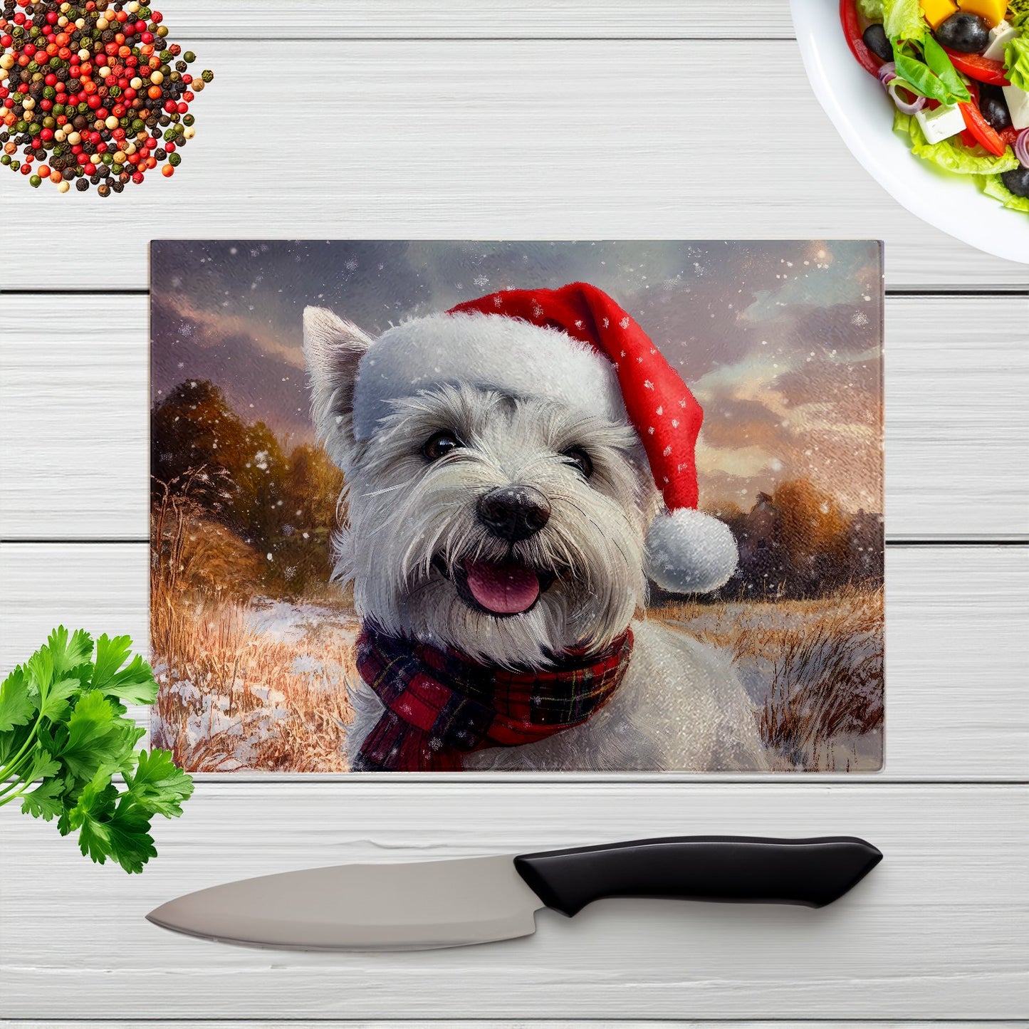 Snowy Christmas West Highland Terrier Glass Chopping Board