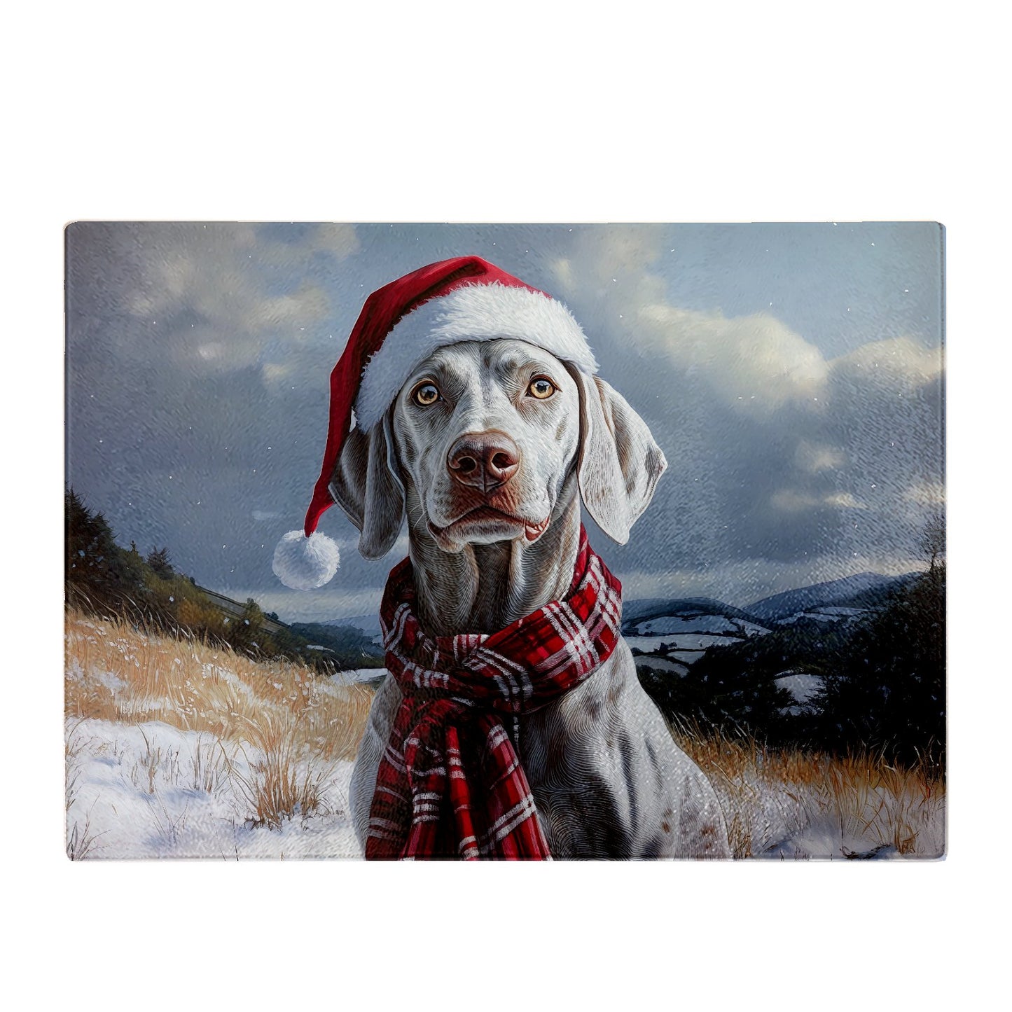 Snowy Christmas Weimarana Glass Chopping Board