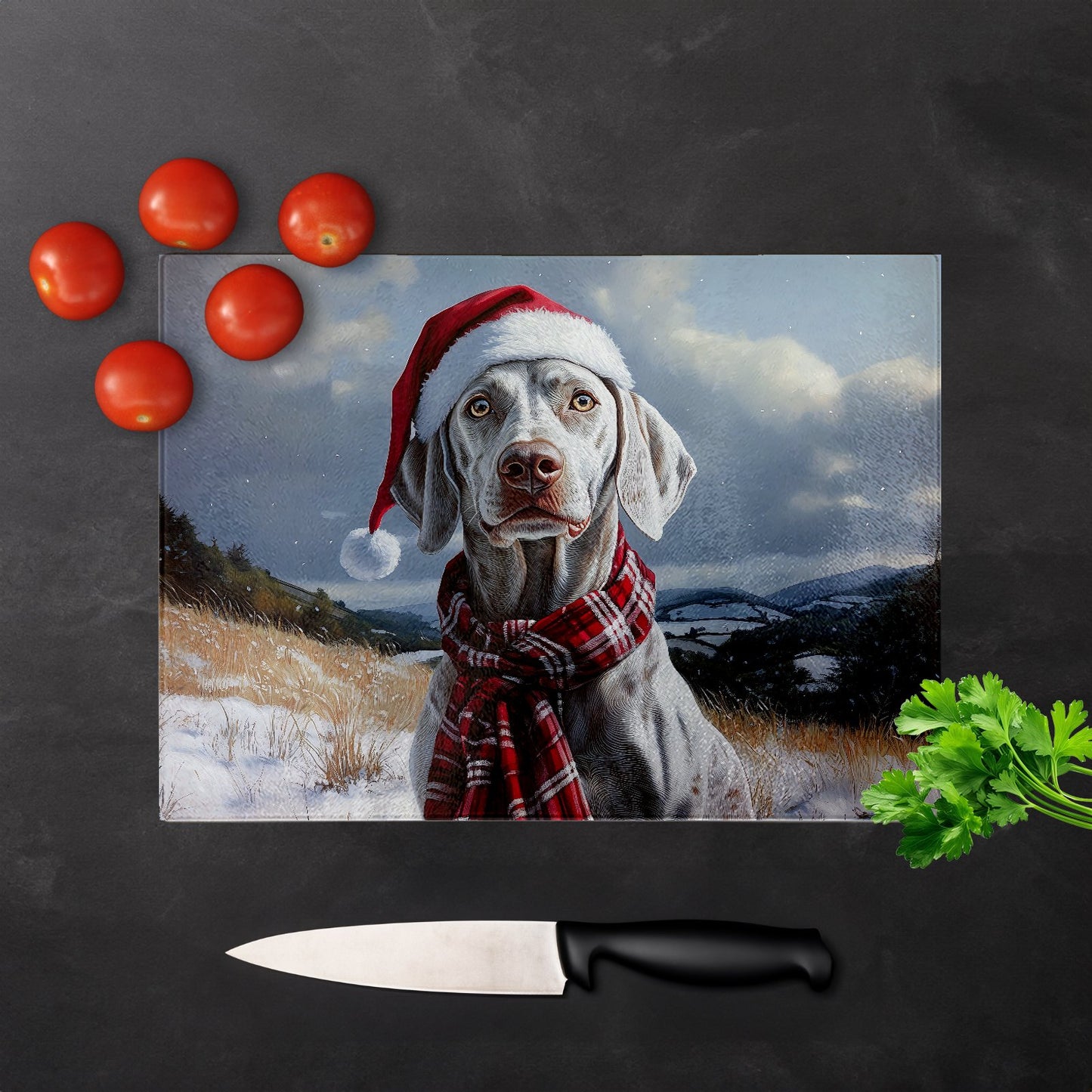 Snowy Christmas Weimarana Glass Chopping Board