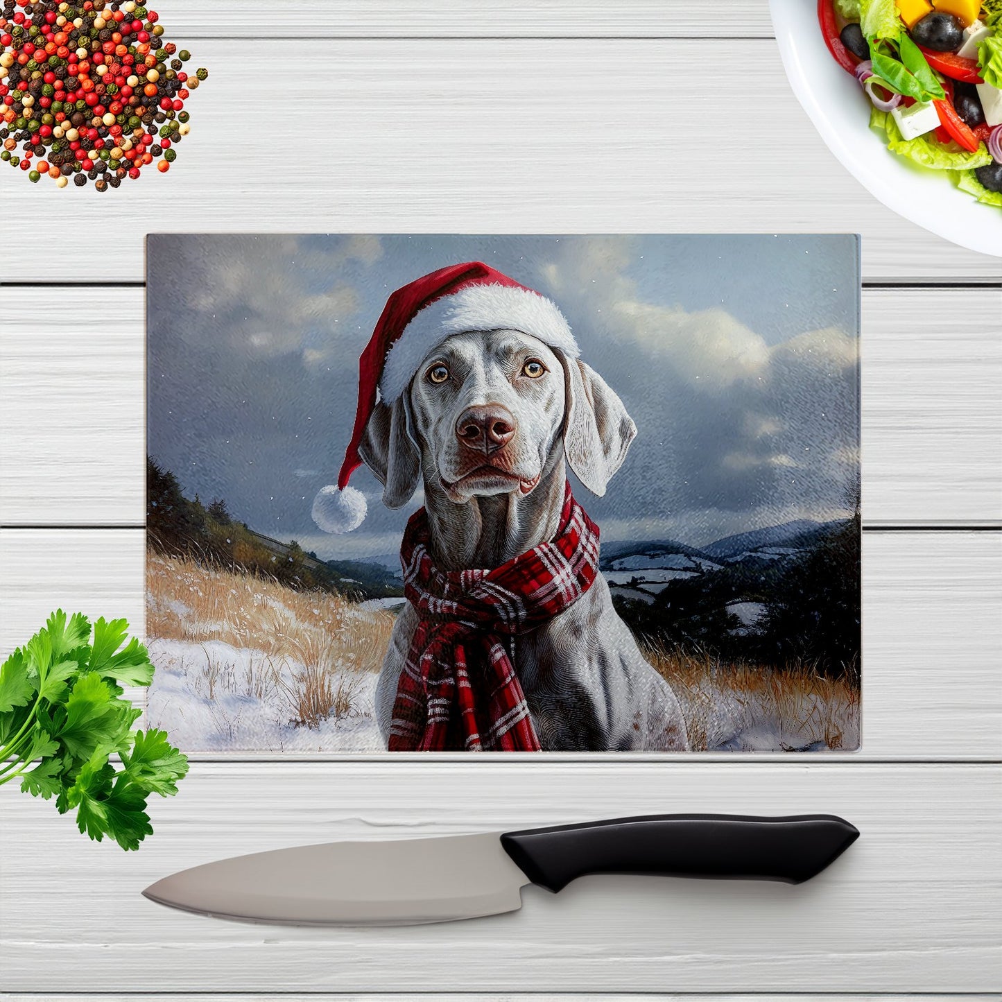 Snowy Christmas Weimarana Glass Chopping Board