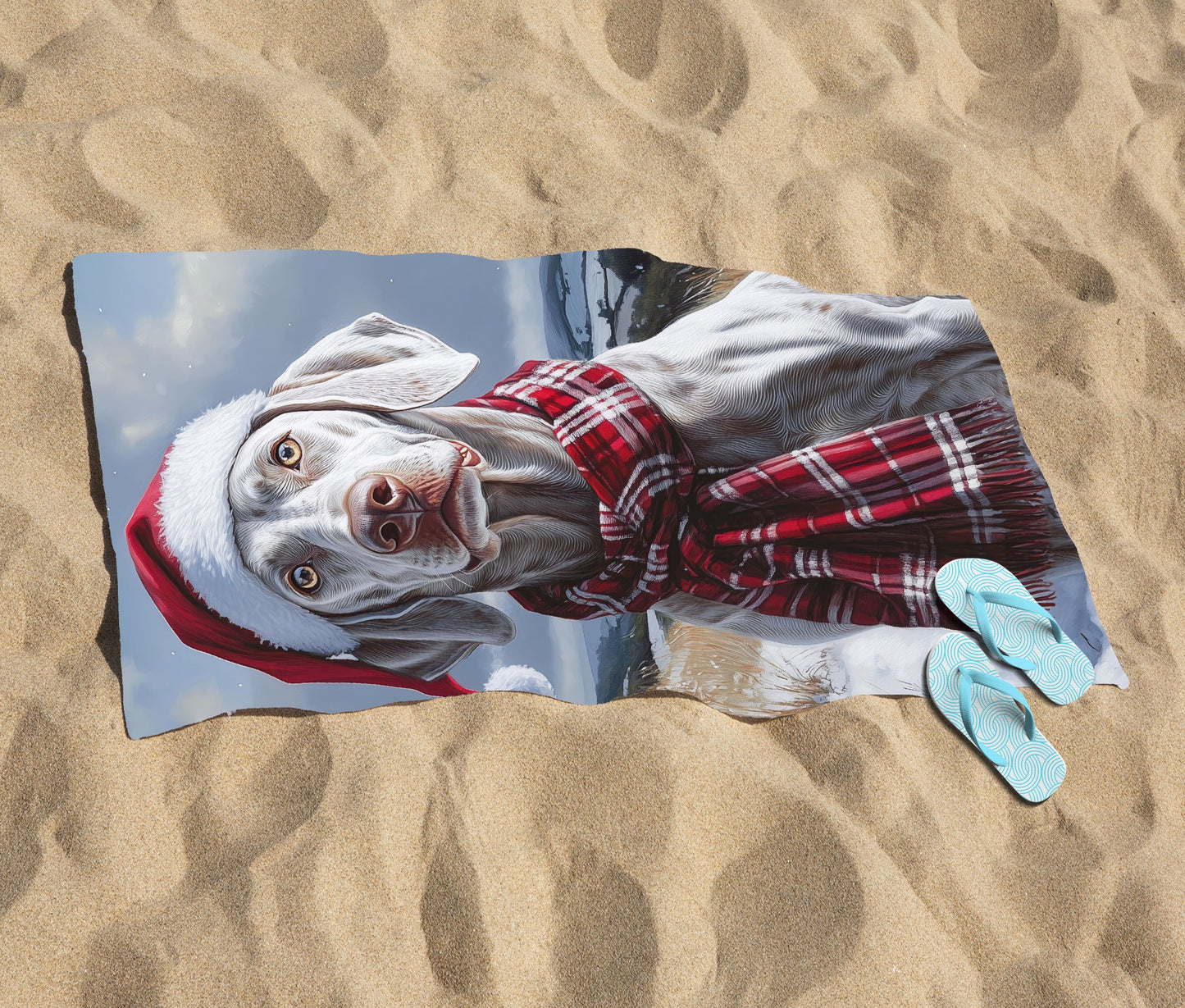 Snowy Christmas Weimarana Beach Towel