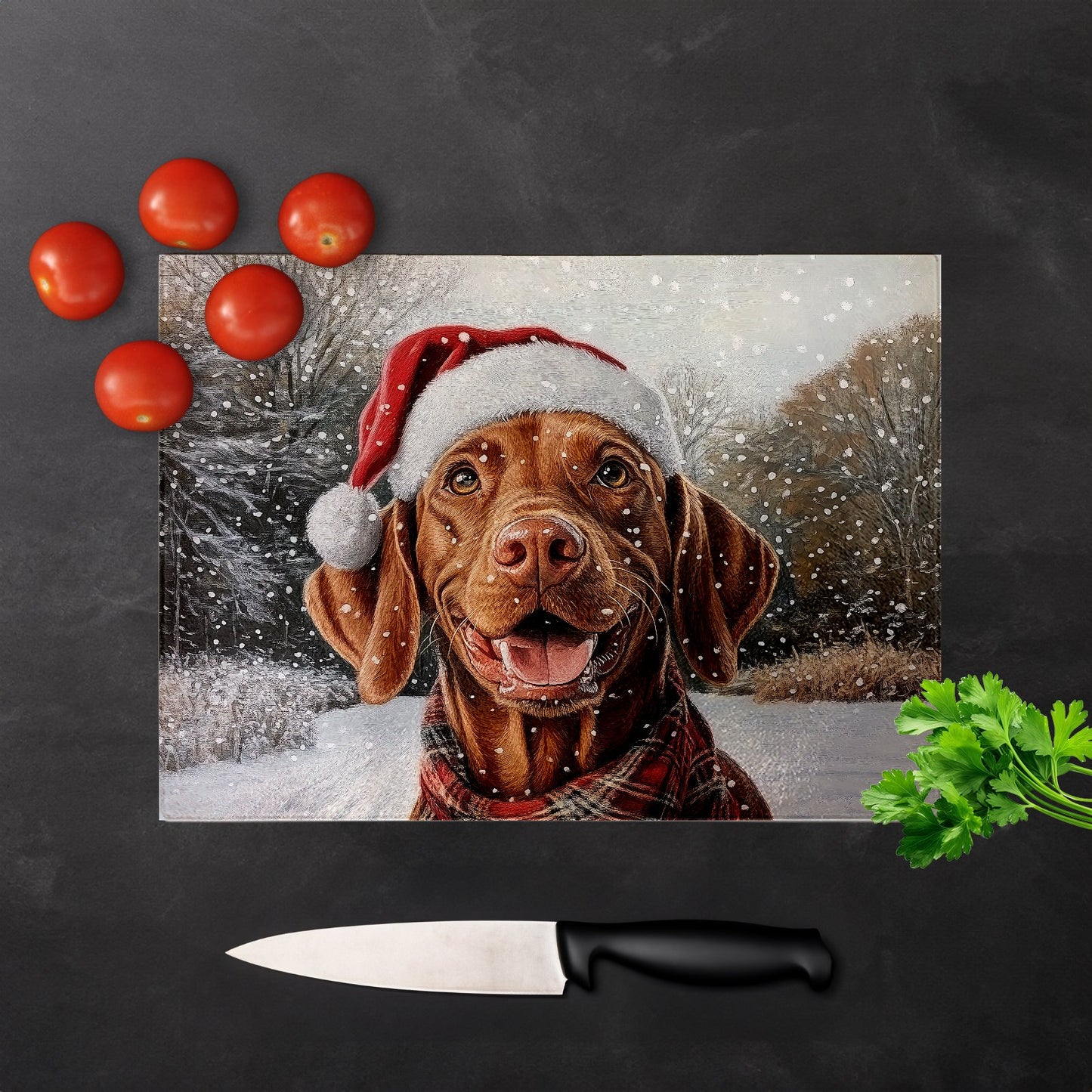 Christmas Vizsla Glass Chopping Board