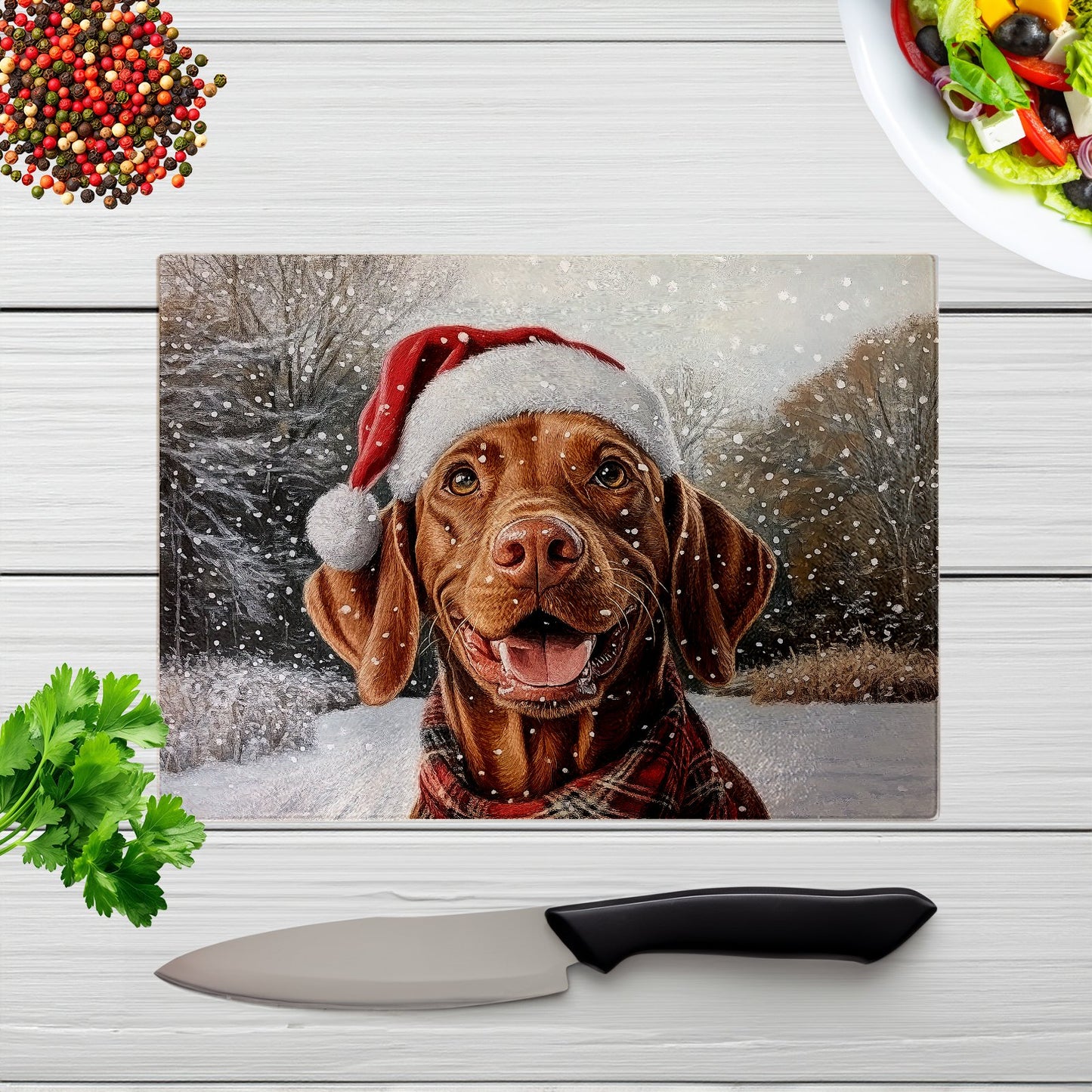 Christmas Vizsla Glass Chopping Board