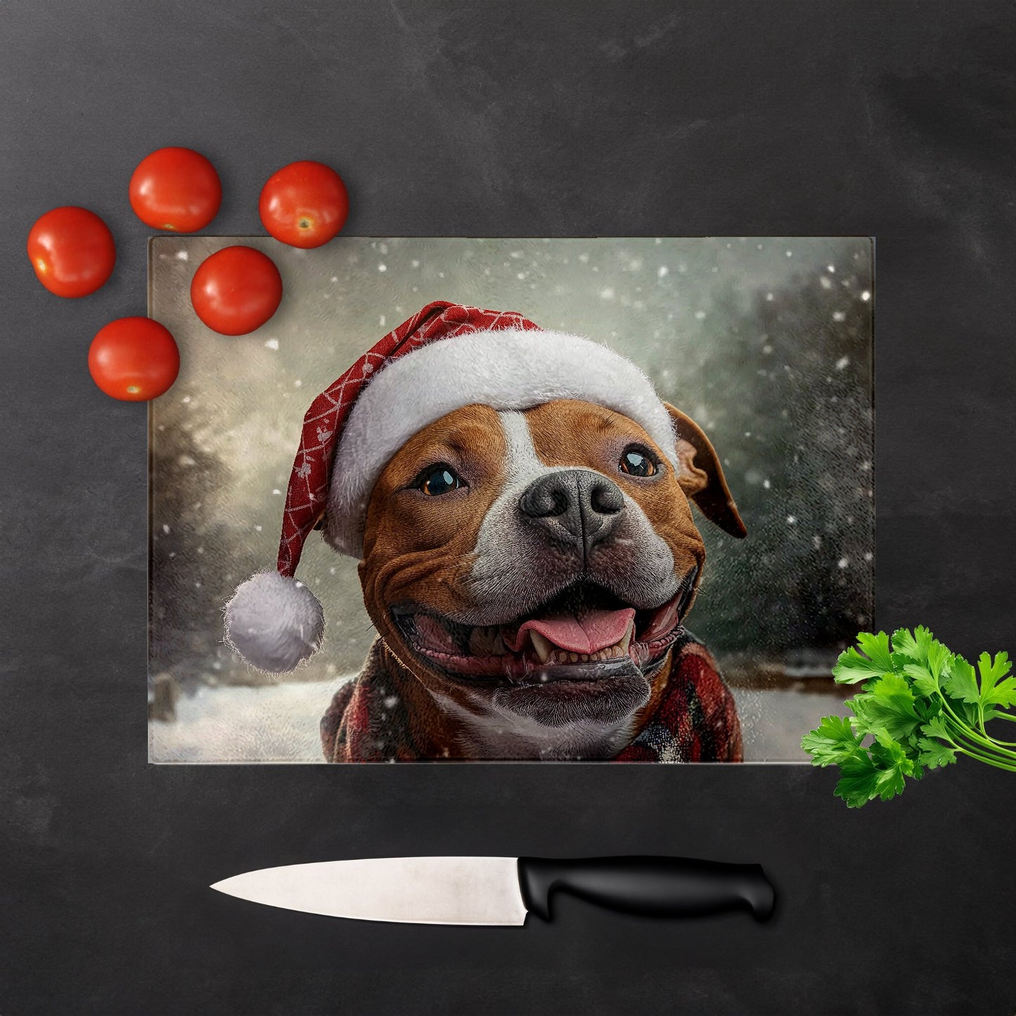 Snowy Christmas Staffordshire Bull Terrier Glass Chopping Board