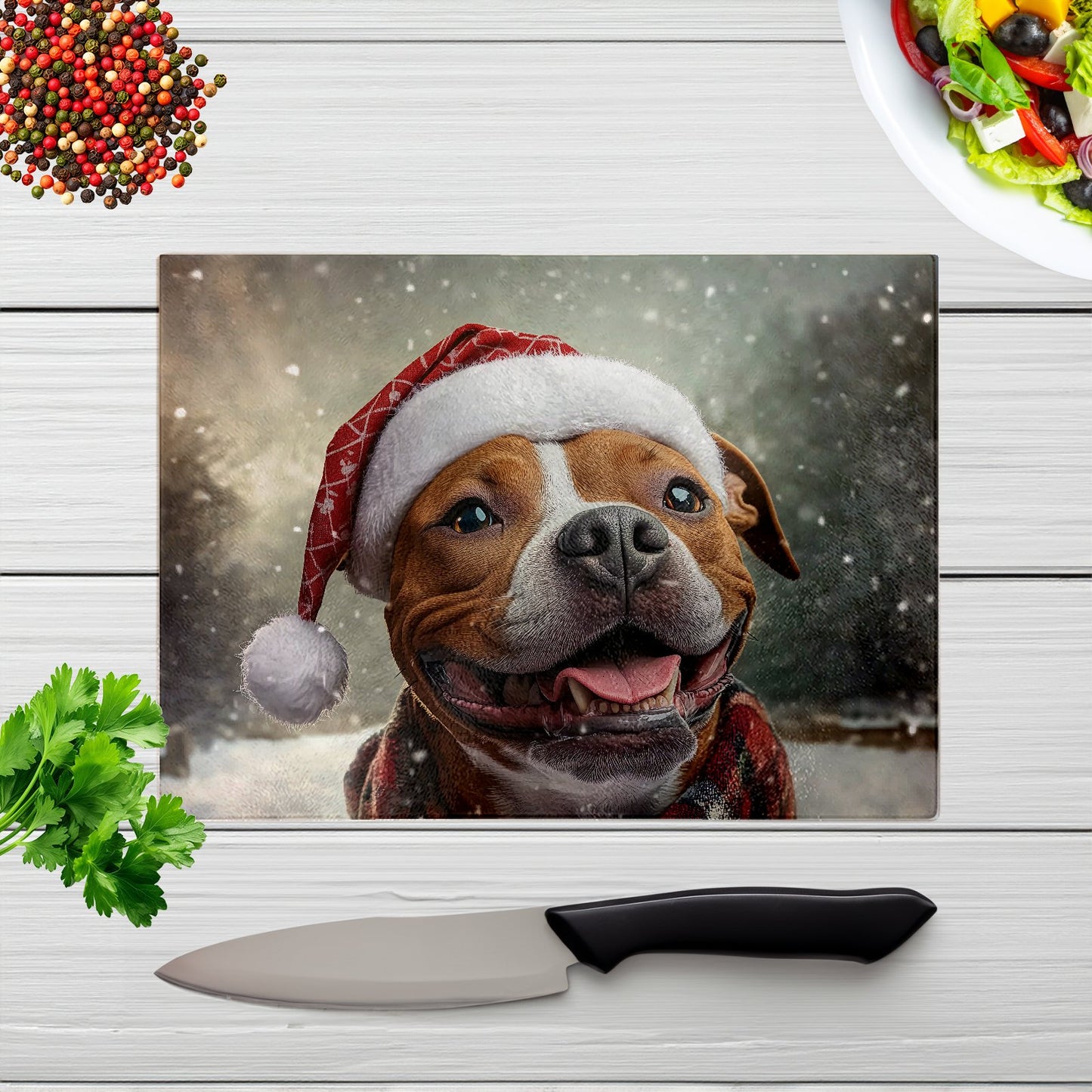 Snowy Christmas Staffordshire Bull Terrier Glass Chopping Board