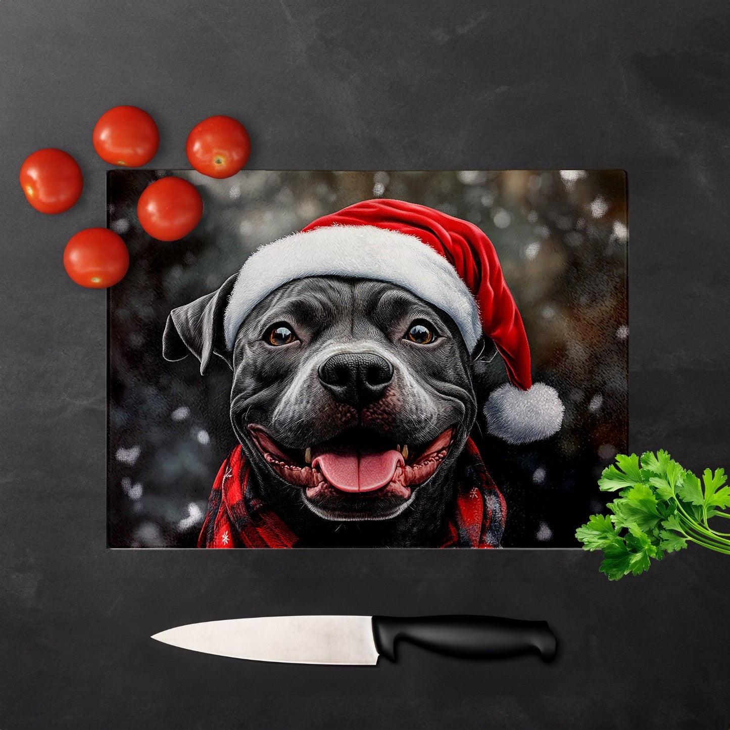 Christmas Staffordshire Bull Terrier Glass Chopping Board