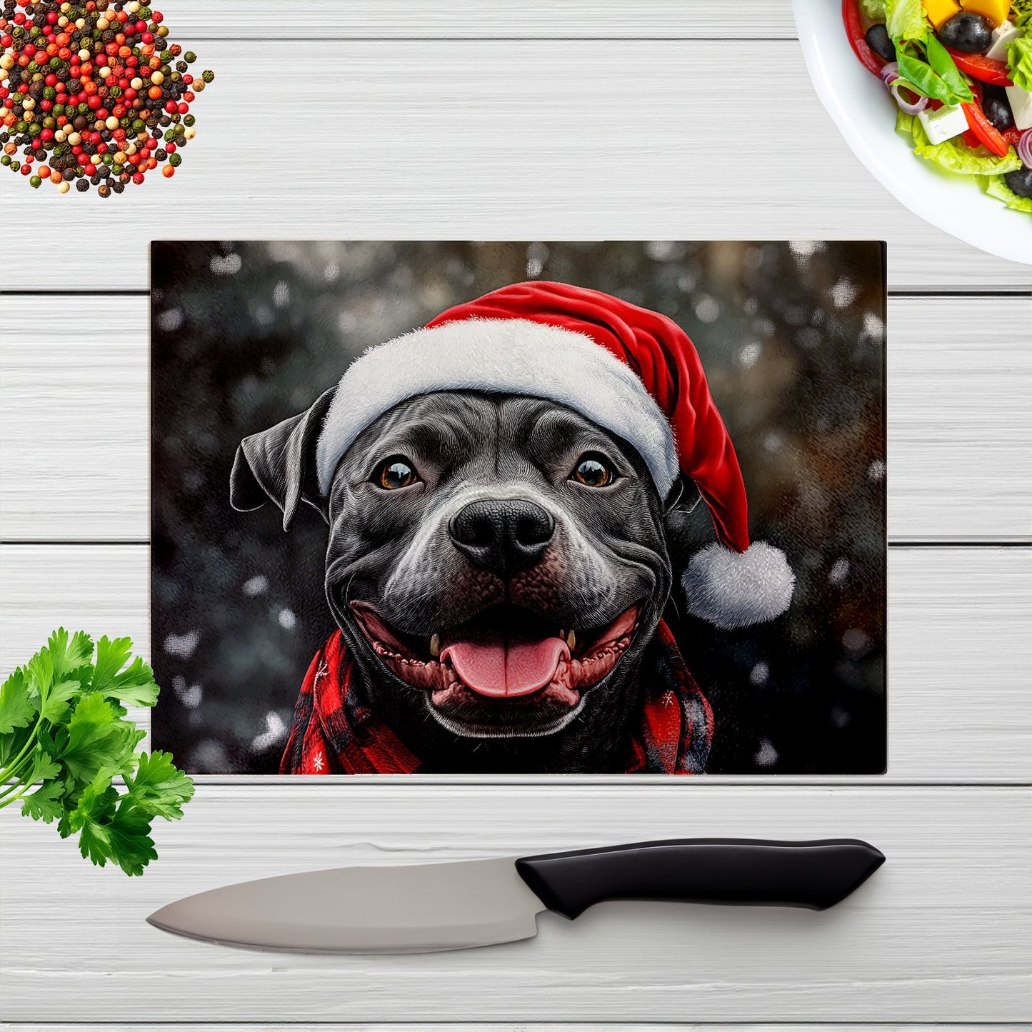 Christmas Staffordshire Bull Terrier Glass Chopping Board