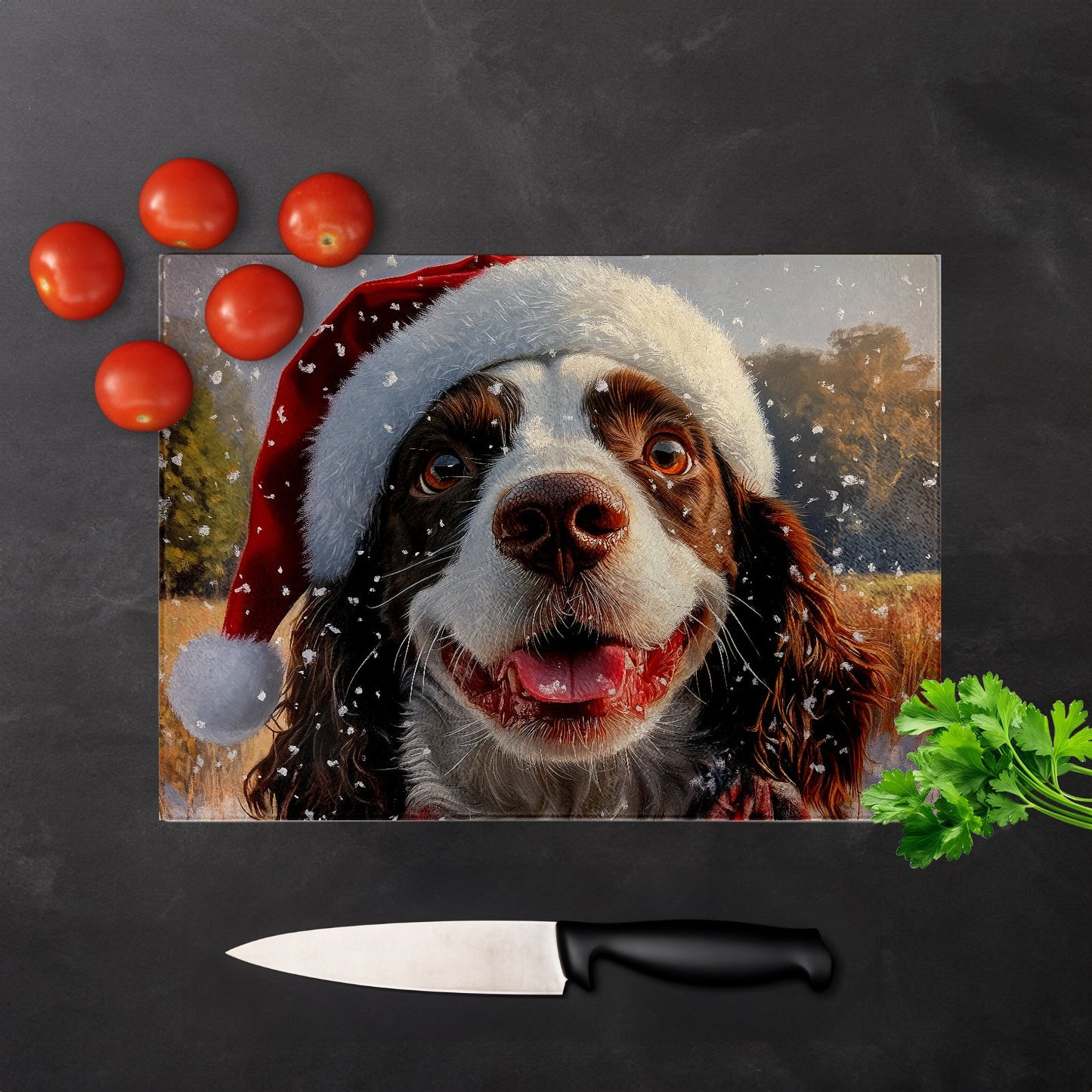 Christmas Springer Spaniel Glass Chopping Board