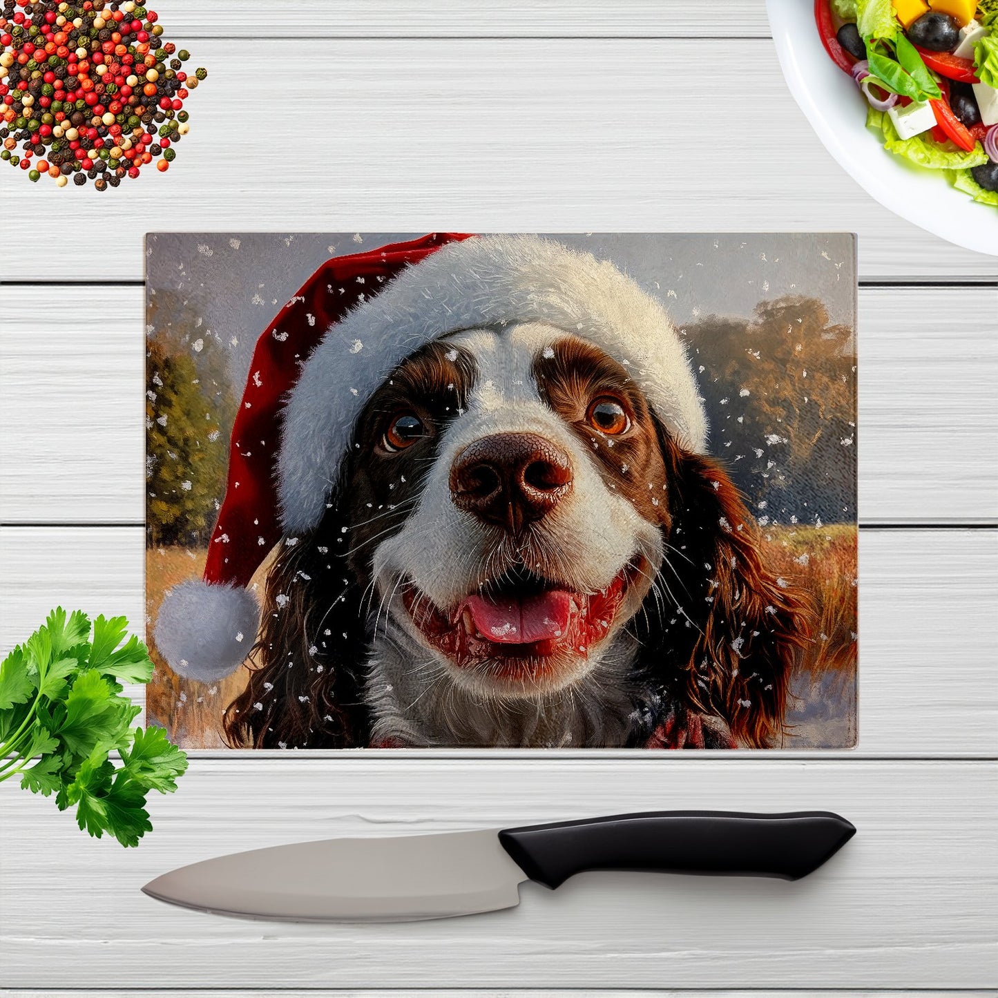 Christmas Springer Spaniel Glass Chopping Board