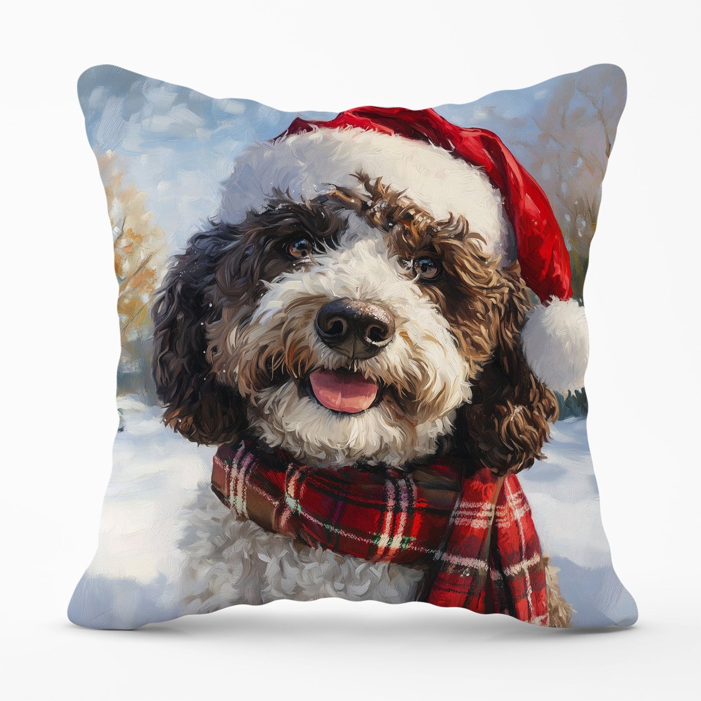 Snowy Christmas Spanish Water Dog Cushion