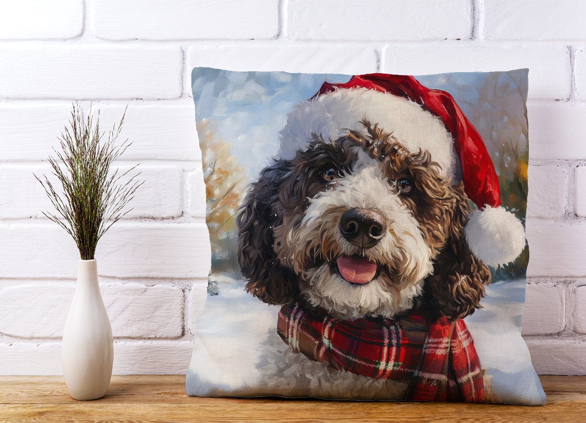 Snowy Christmas Spanish Water Dog Cushion