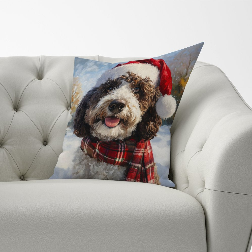 Snowy Christmas Spanish Water Dog Cushion