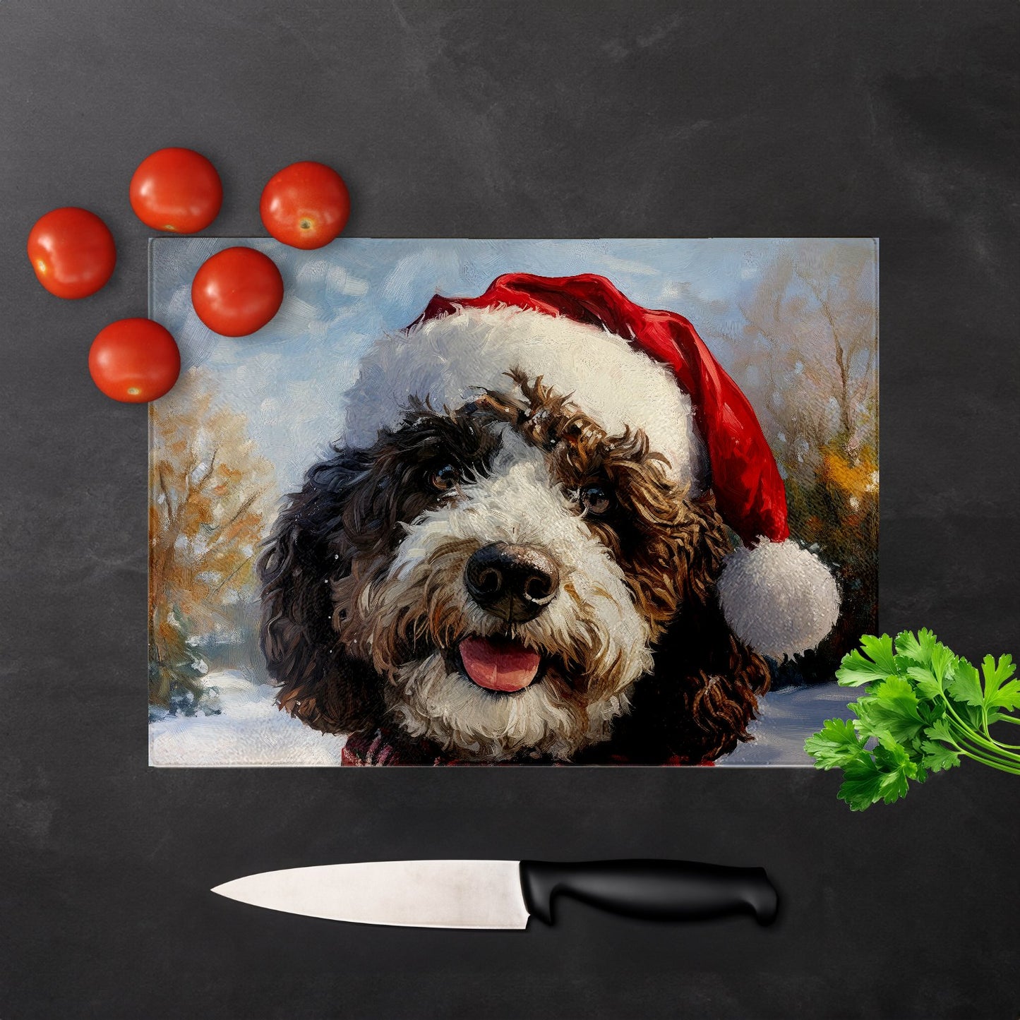 Snowy Christmas Spanish Water Dog Glass Chopping Board