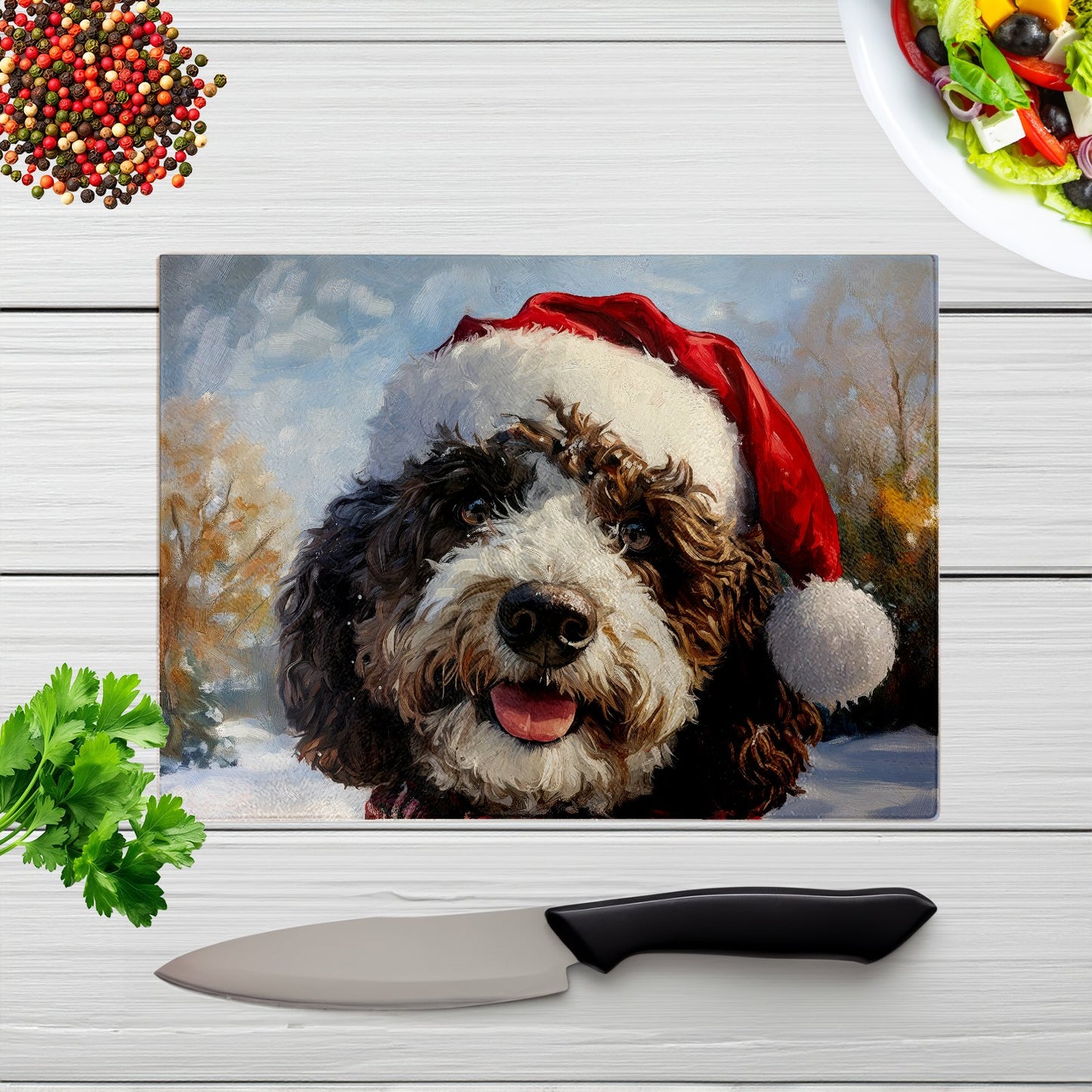 Snowy Christmas Spanish Water Dog Glass Chopping Board