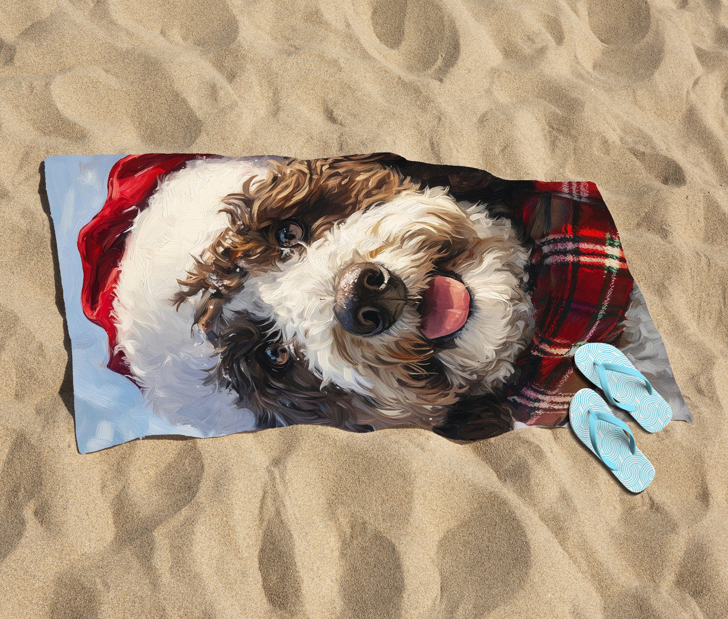 Snowy Christmas Spanish Water Dog Beach Towel
