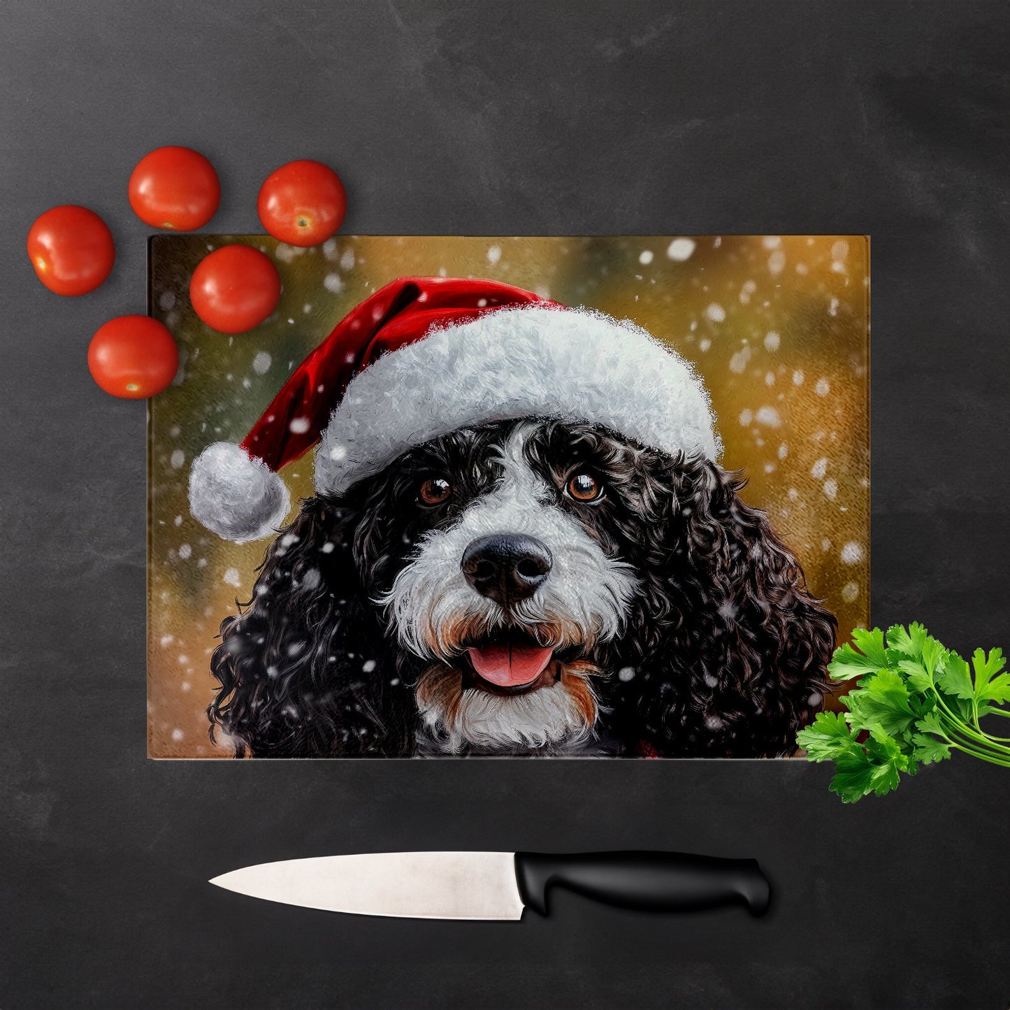 Christmas Spanish Water Dog Glass Chopping Board