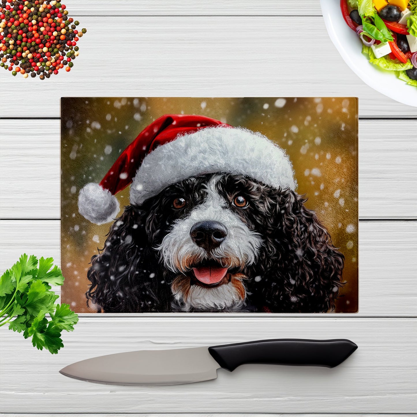 Christmas Spanish Water Dog Glass Chopping Board