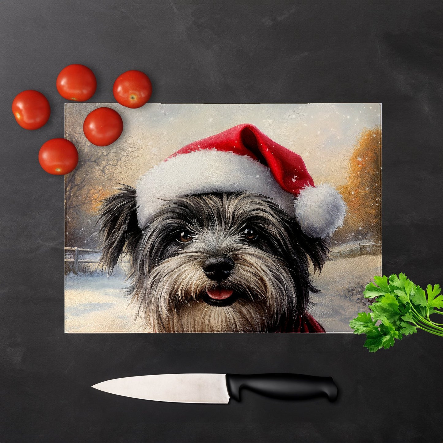 Snowy Christmas Skye Terrier Glass Chopping Board