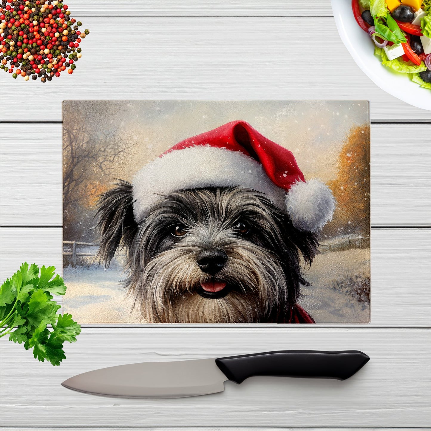 Snowy Christmas Skye Terrier Glass Chopping Board