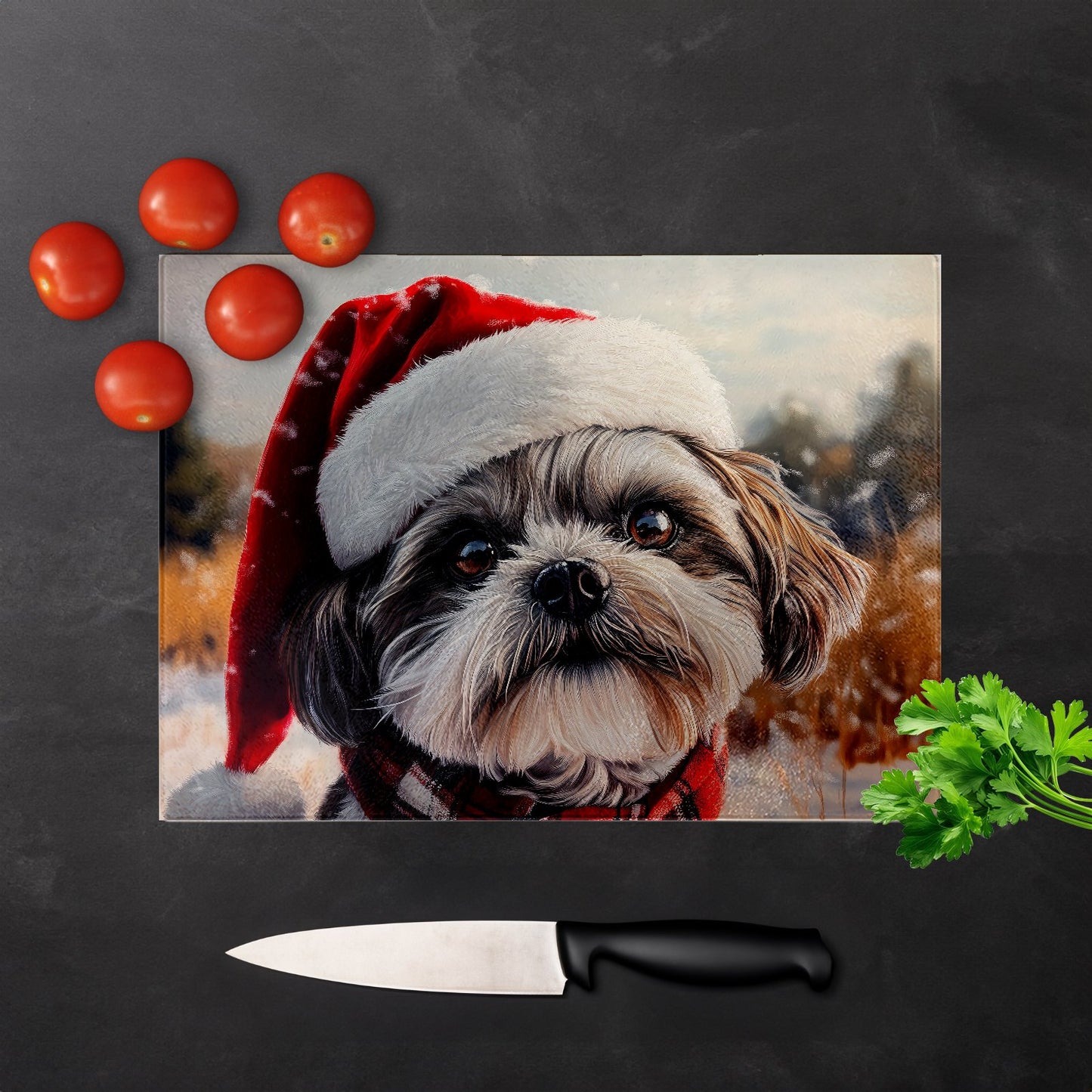 Christmas Shih Tzu Glass Chopping Board