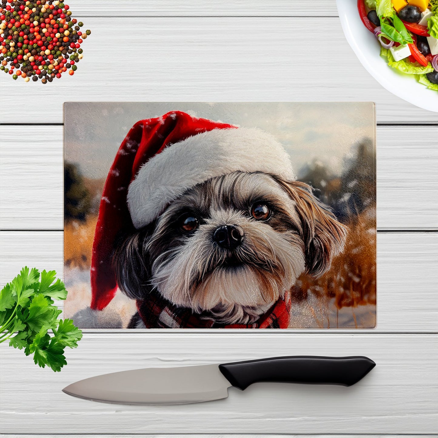 Christmas Shih Tzu Glass Chopping Board