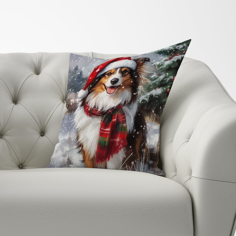 Snowy Christmas Shetland Sheepdog Cushion