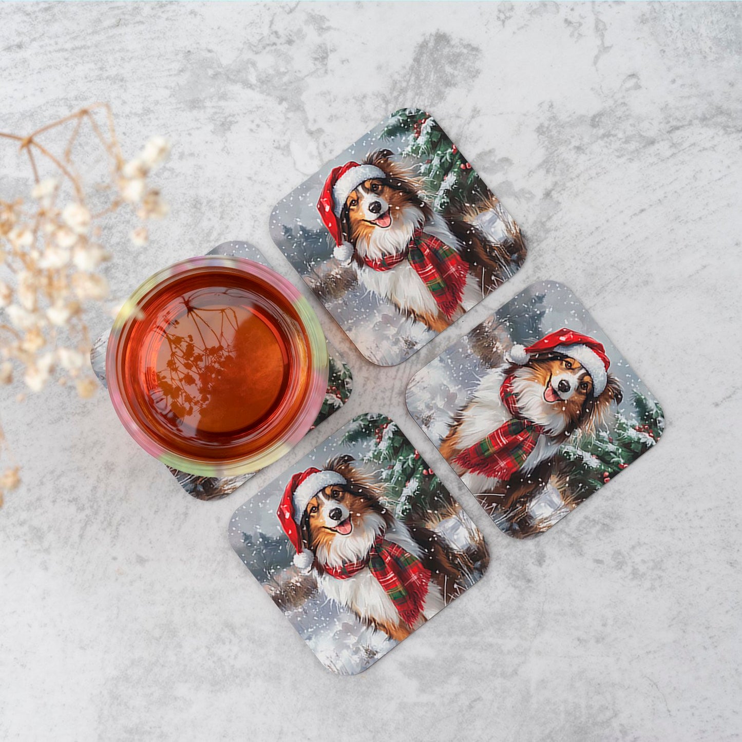 Snowy Christmas Shetland Sheepdog Coasters