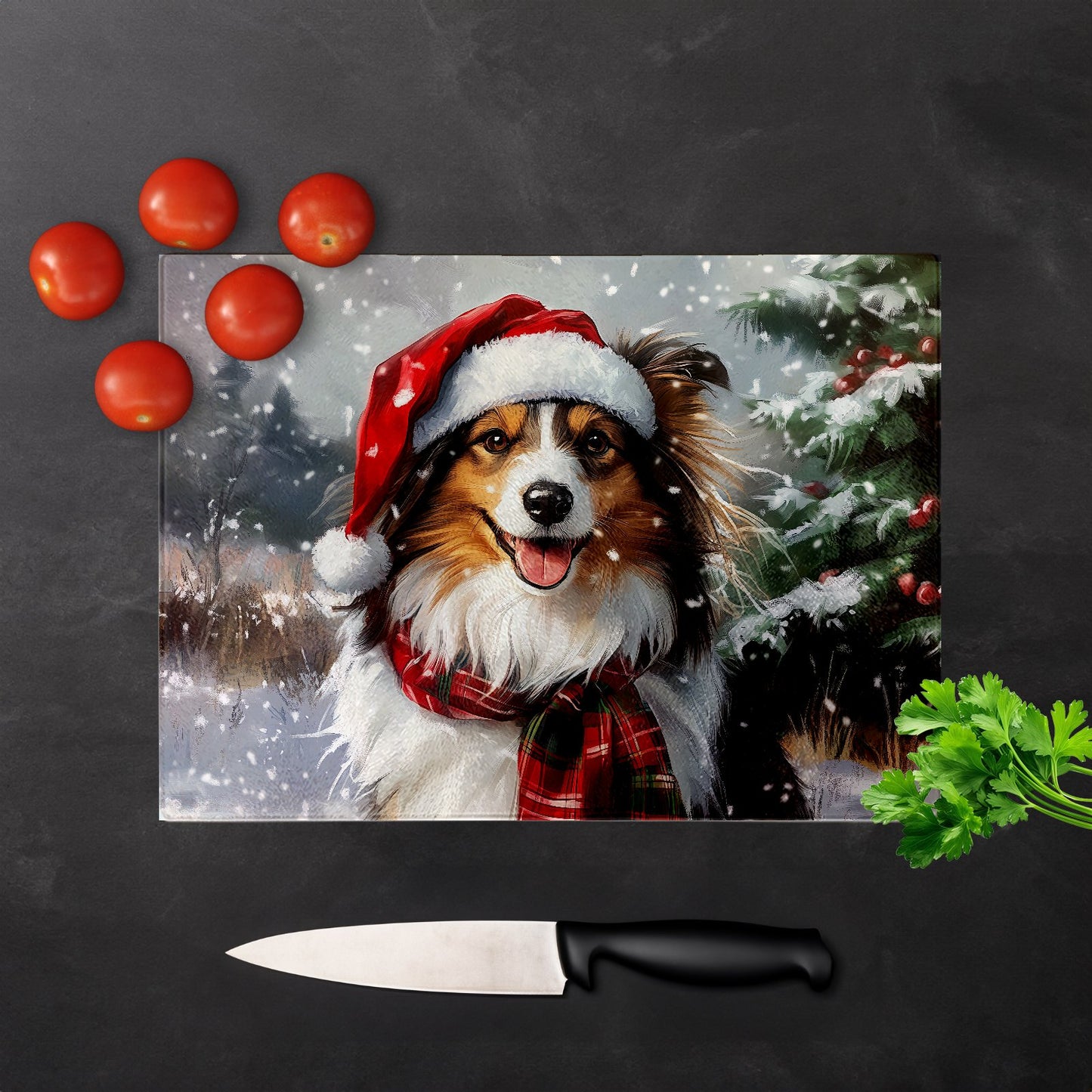 Snowy Christmas Shetland Sheepdog Glass Chopping Board