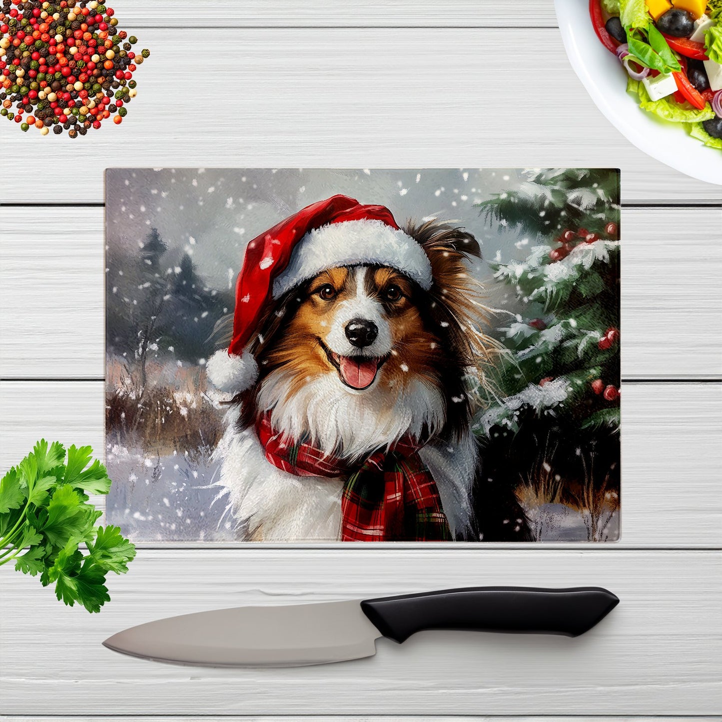 Snowy Christmas Shetland Sheepdog Glass Chopping Board