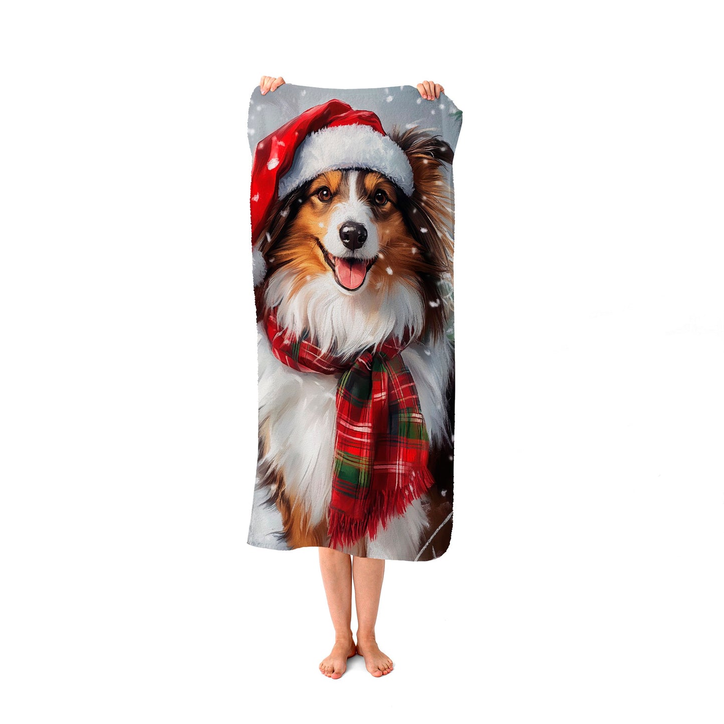 Snowy Christmas Shetland Sheepdog Beach Towel