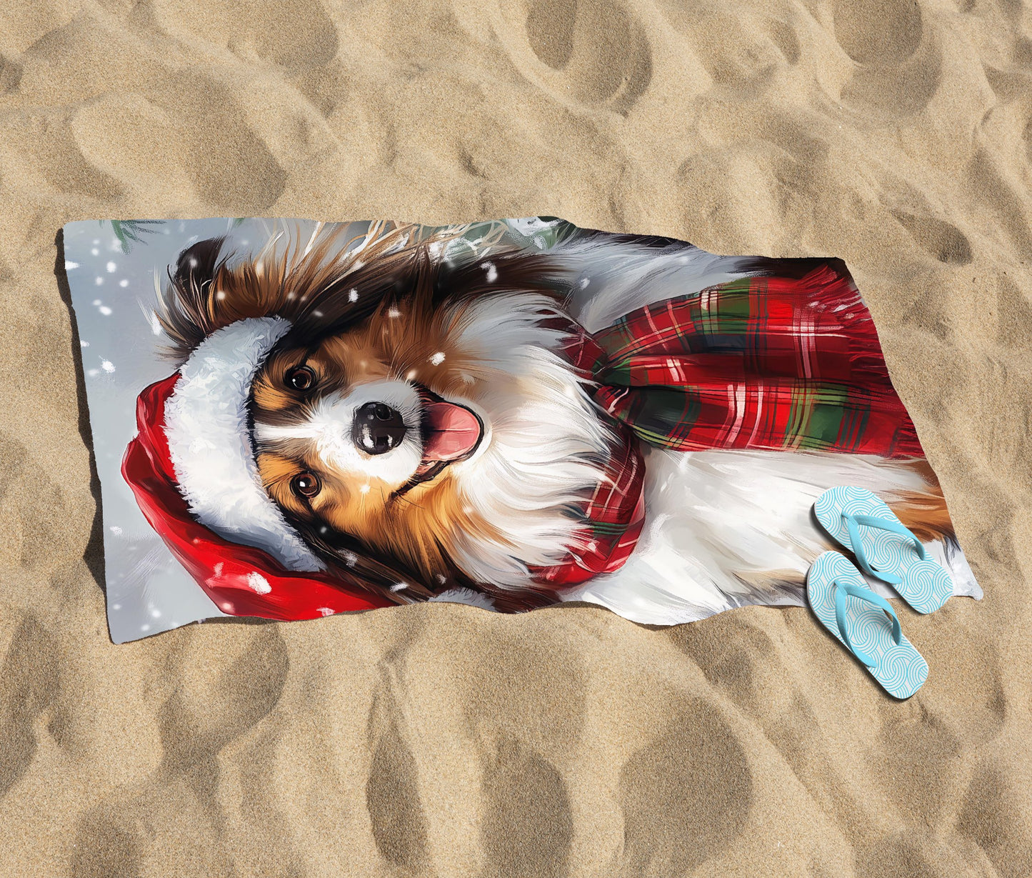Snowy Christmas Shetland Sheepdog Beach Towel